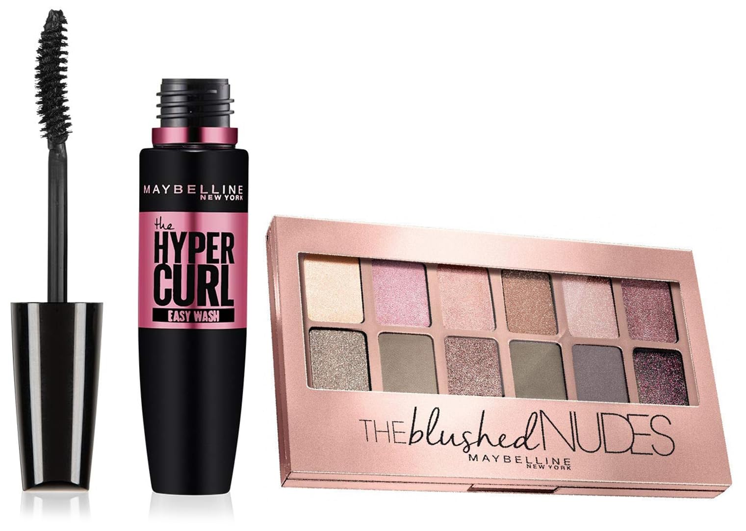 Maybelline New York The Blushed Nudes Eyeshadow Palette 9g & Hypercurl Washable Mascara Black 9.2ml - Matte & Shimmery Finish for Day to Night Makeup Looks
