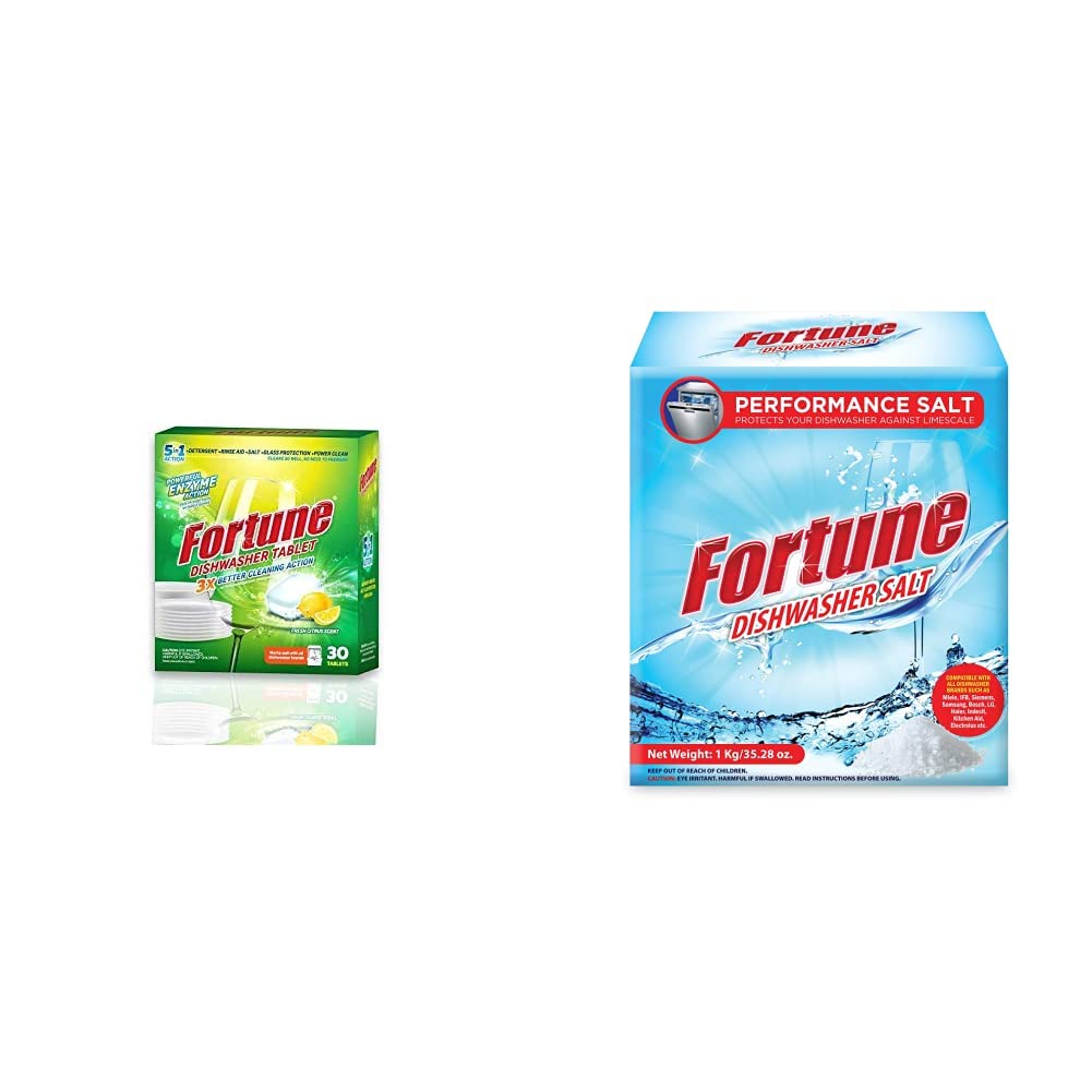 FORTUNE 5-in-1 Dishwasher Detergent Tablets with Fresh Scent (90 Count) & Dishwasher Salt (1kg) - Universal Compatibility for All Dishwasher Brands - Perfect for Sparkling Clean Dishes, Glasses & Silverware