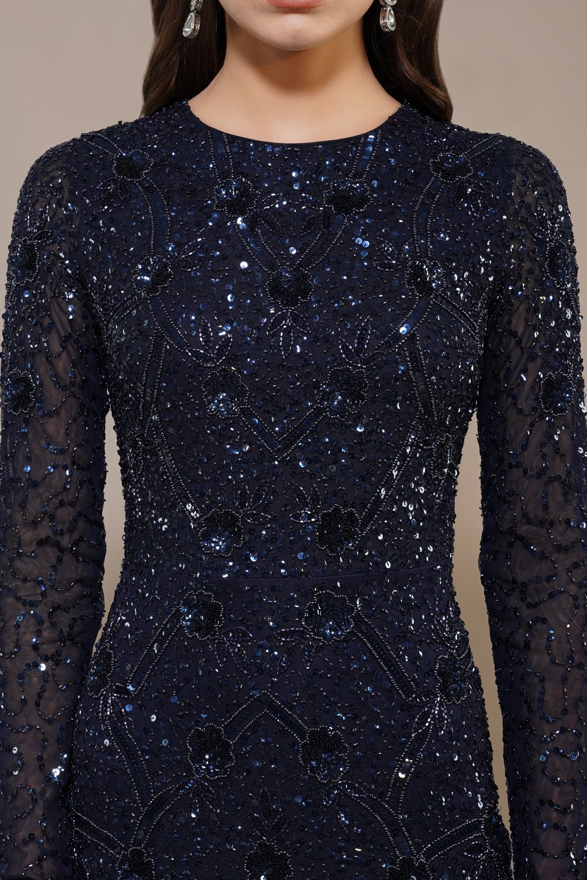 Zinnia Embellished Maxi Dress for Women - Navy Blue Floral Long Dress with Beaded Details | Perfect for Weddings, Parties & Summer Vacations