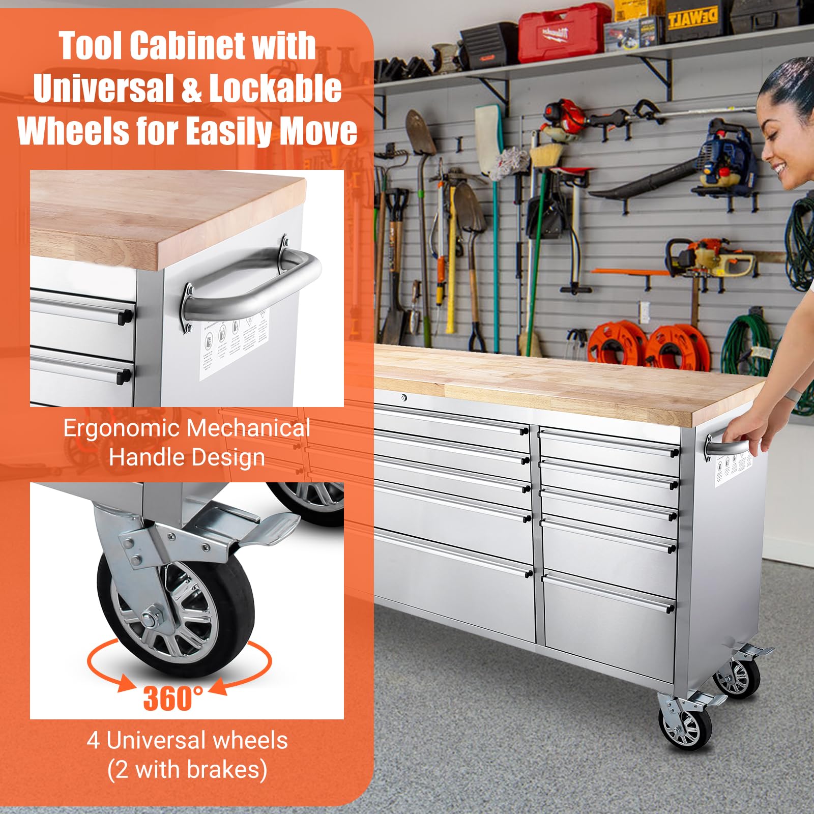 GARVEE 15-Drawer Rolling Tool Chest, 72 x 20 Inch Mobile Tool Storage Cabinet with 3 Top Cabinets & Pegboard, Heavy-Duty Wheels, Anti-Slip Liner - Perfect for Garage, Workshop, Warehouse, and Auto Repair Shop Organization