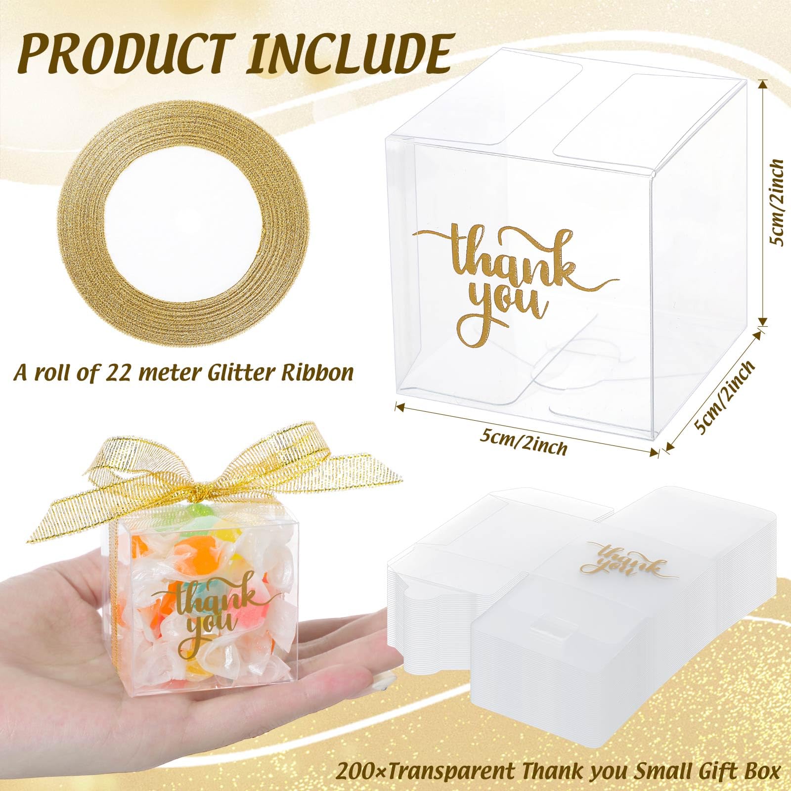 200 Pack Clear Plastic Gift Boxes with Lids & Ribbons - 2x2x2 Inch Transparent Treat Favor Boxes for Macarons, Candy, Cupcakes, Desserts - Perfect for Party Favors, Wedding, Baby Shower, Birthday Gifts & Thank You Packaging