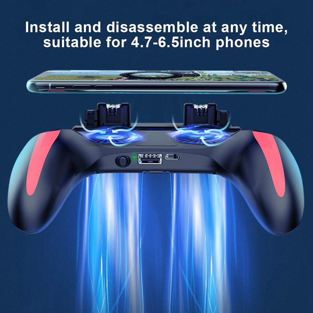 Ergonomic Mobile Game Controller for PUBG & Fortnite - Dual Cooling Fans, Fast Heat Dissipation, Silent Operation, Compatible with 4.7-6.5 Inch Phones (2500mAh Battery) - Perfect for Gaming on iPhone, Android & Tablets