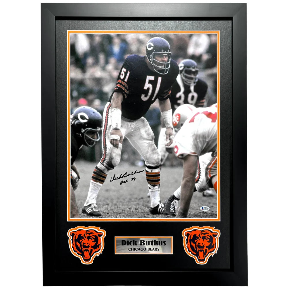 Dick Butkus Autographed Chicago Bears 16x20 Framed Photo with Beckett COA - Signed Memorabilia for Sports Fans & Collectors - Perfect for Man Cave, Game Room, or Office Decor