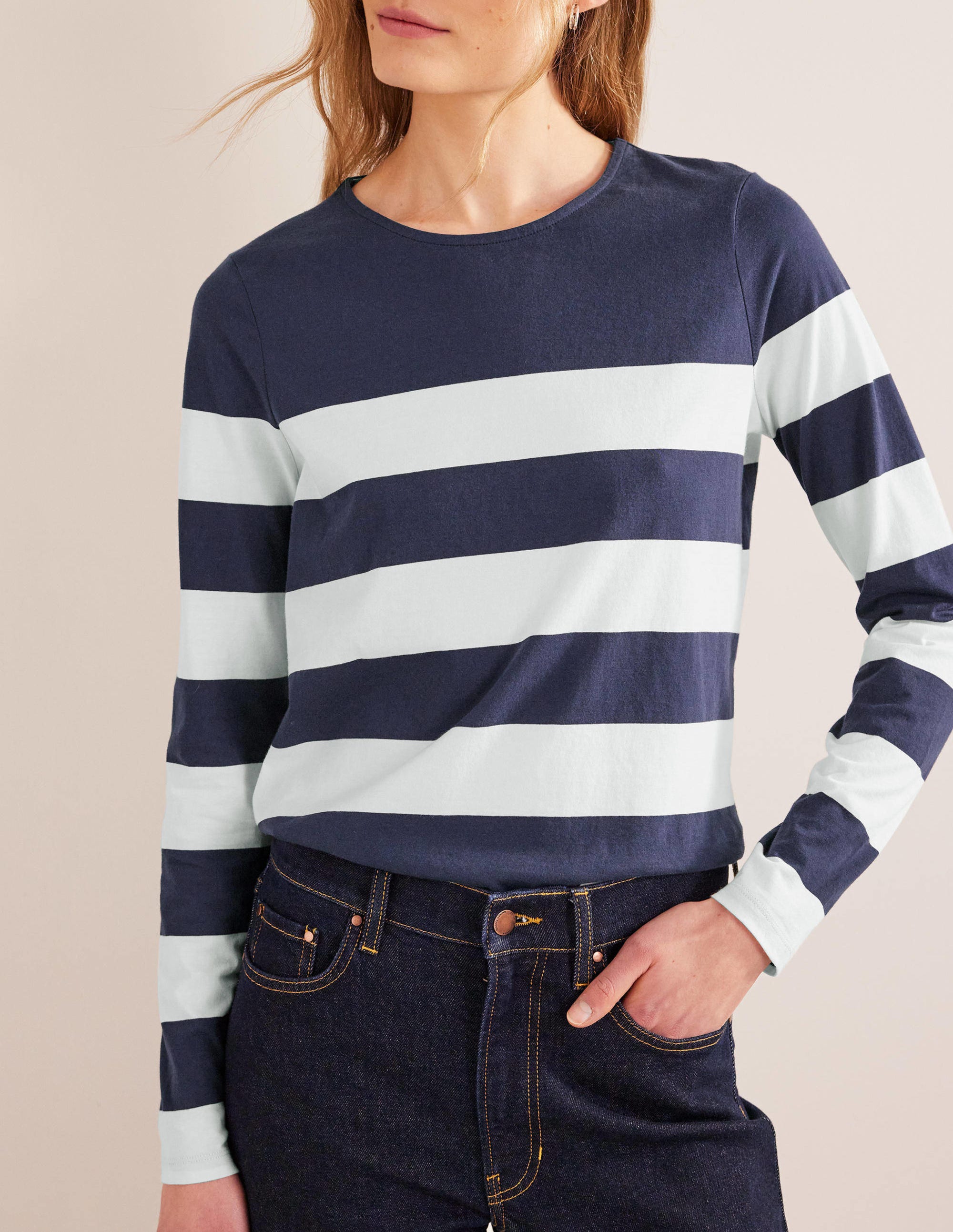 Bea Women's Long Sleeve Breton Stripe Shirt - Navy & Ivory Wide Stripes - Casual Office Wear & Weekend Outfits