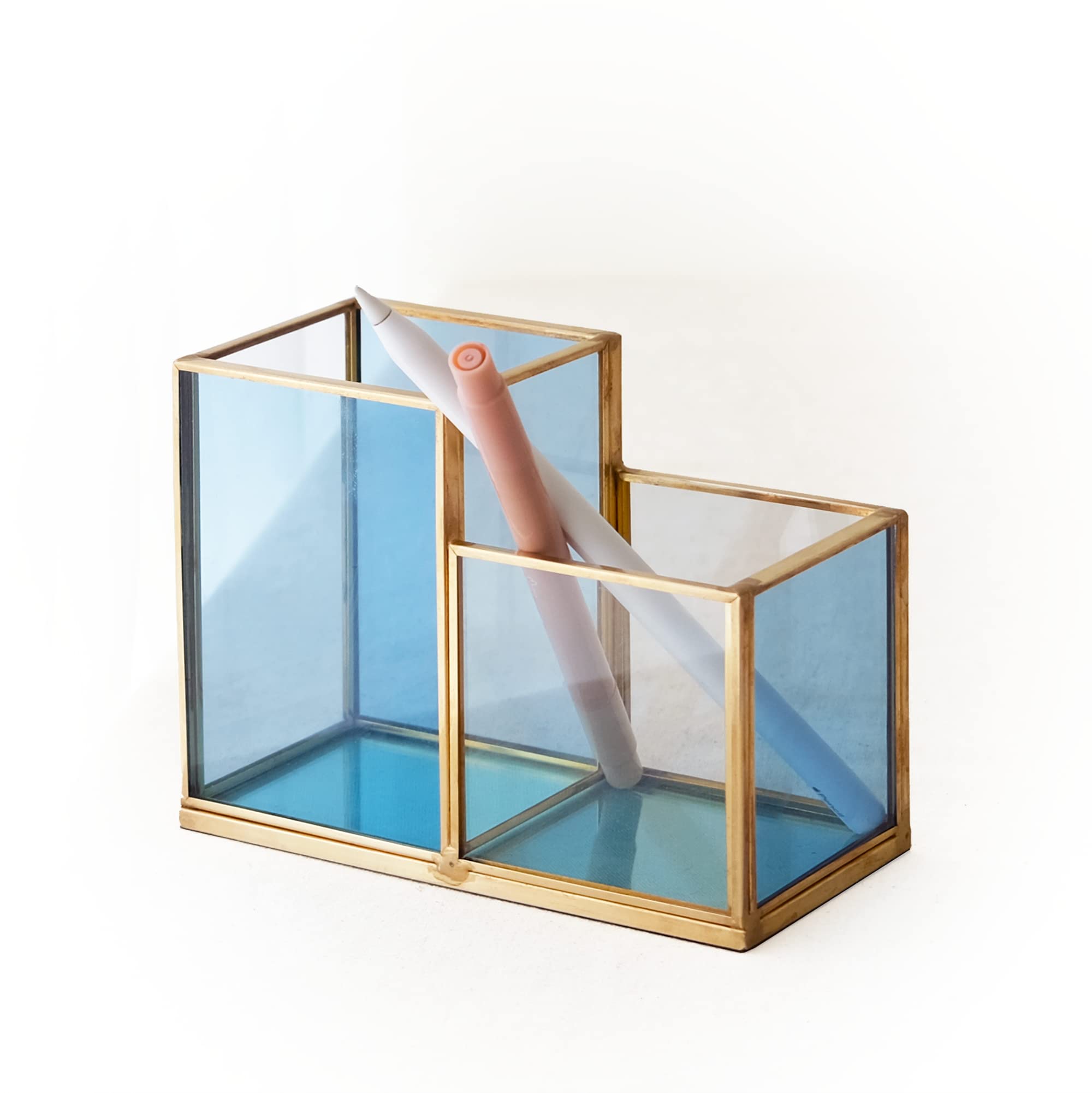 Elegant Gold & Blue Glass Desk Organizer - 2-Compartment Pen Holder, Makeup Brush & Pencil Cup for Office & Vanity | Stylish Cosmetic Storage & Desk Accessories for Women | Perfect for Home Office, Makeup Vanity & Workspace Organization