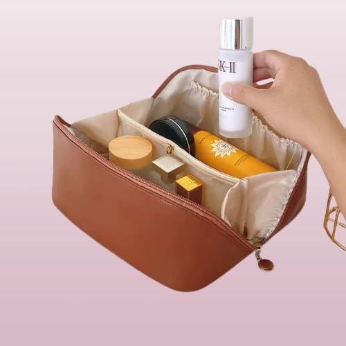 KINDRED Crossbody Cosmetic Bag for Women - PU Leather Makeup Organizer Pouch with Multiple Compartments (Brown) | Perfect for Travel, Gym & Daily Essentials Storage
