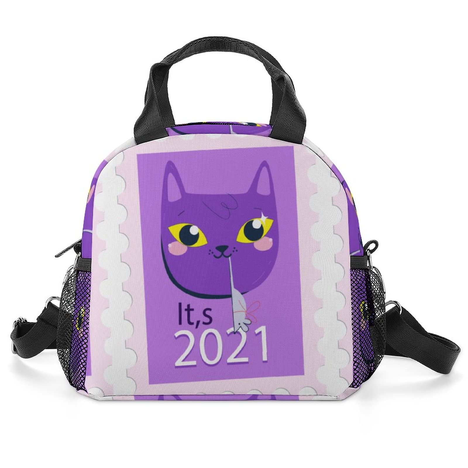 Printed Insulated Lunch Bags - Reusable Cooler Tote for Work, School, Picnic & Beach - Leakproof Meal Bag with Purple Cat Design | Perfect for Office Lunches, Kids Meals & Outdoor Adventures