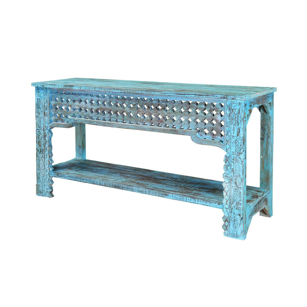 Hand Carved Solid Wood Hall Side Table - Rustic Blue Finish - Entryway, Living Room & Bedroom Accent Furniture