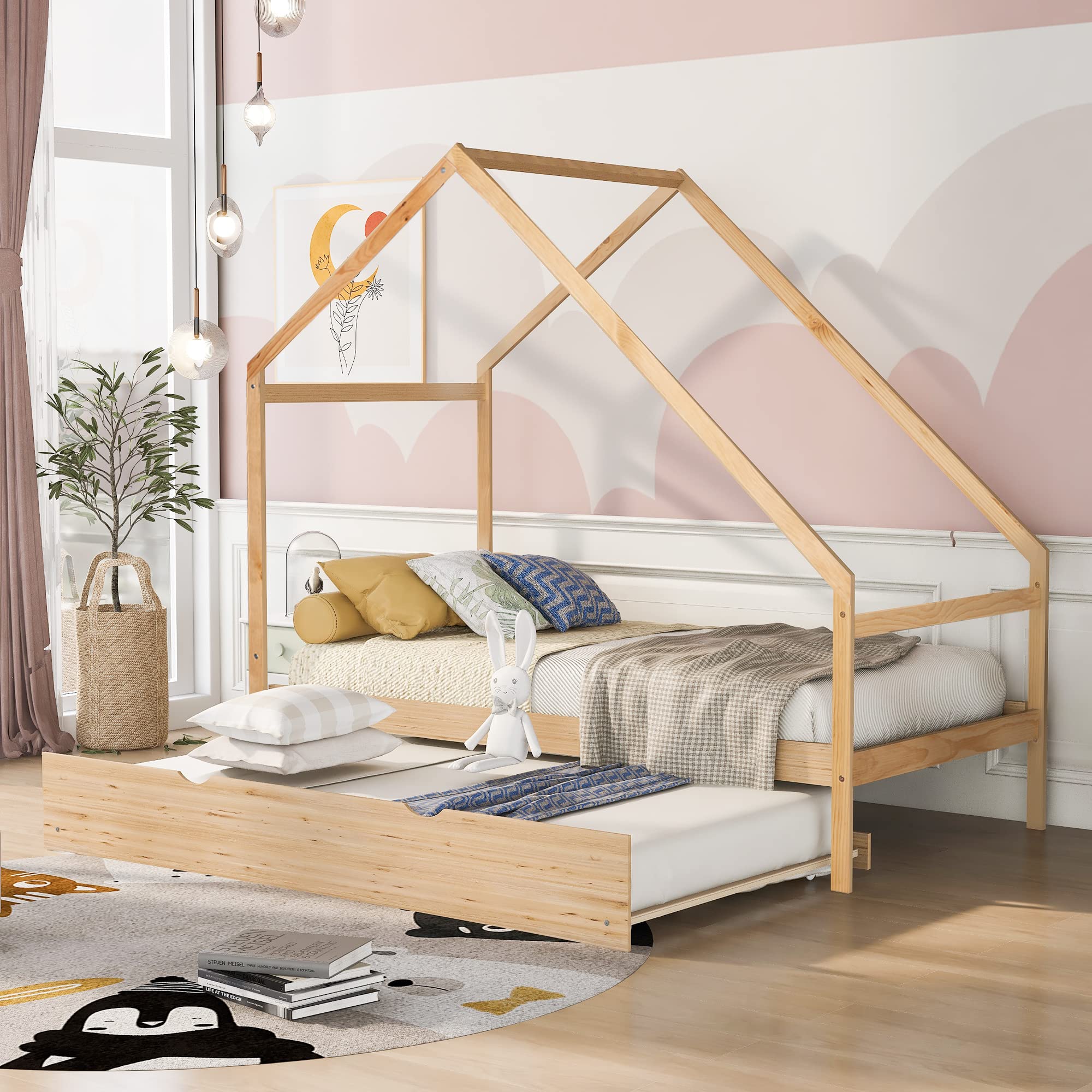 MERITLINE Twin Size Wooden House Bed with Trundle - Daybed Frame with Roof for Kids & Teens - No Box Spring Needed - Natural Finish - Perfect for Bedrooms, Playrooms & Guest Rooms