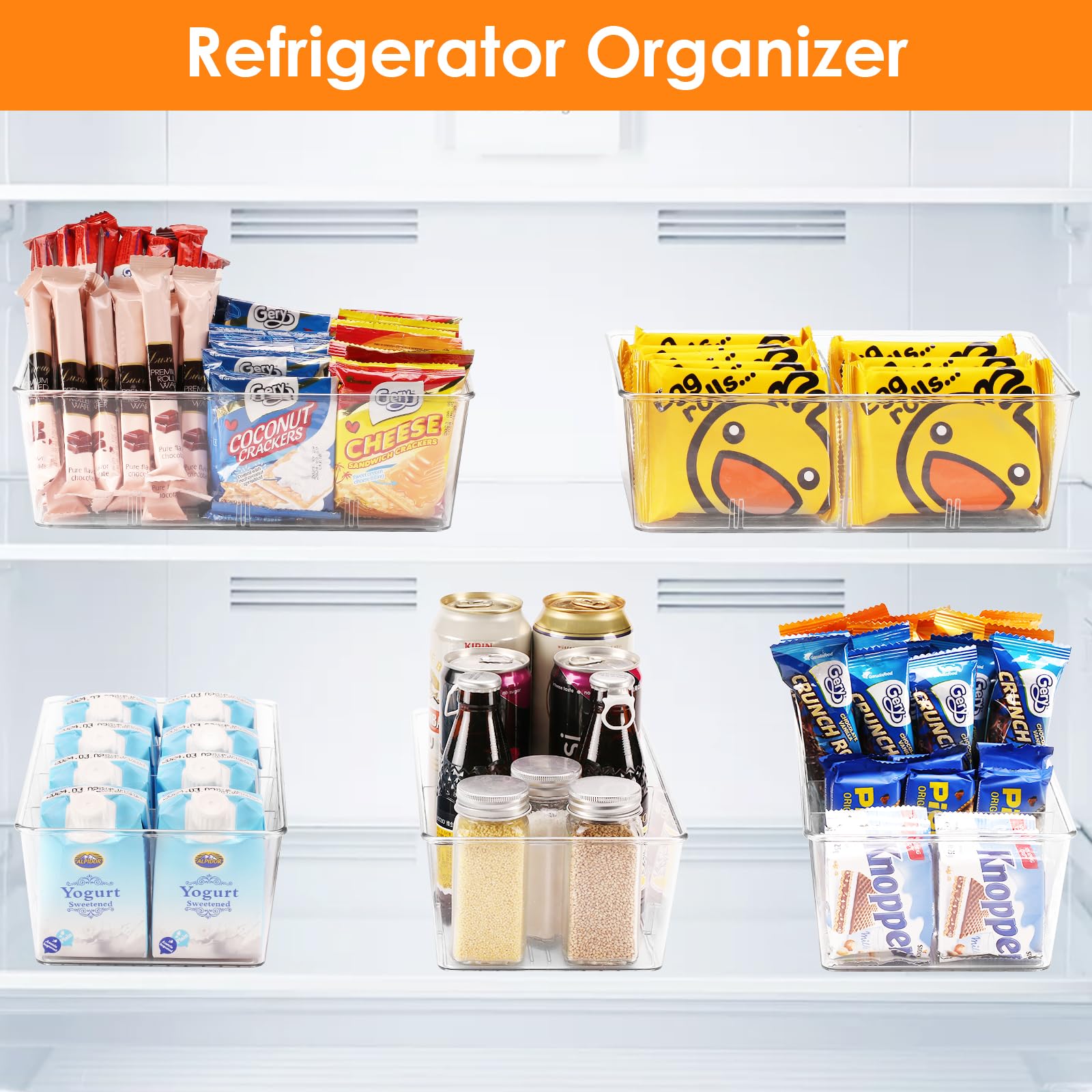 Hronta 2 Pack Clear Kitchen Storage Bins - 4 Compartment Pantry Organizer for Snacks, Spices, Tea Bags - Fridge & Cabinet Organization Solutions for Home, Office, Dorm Room