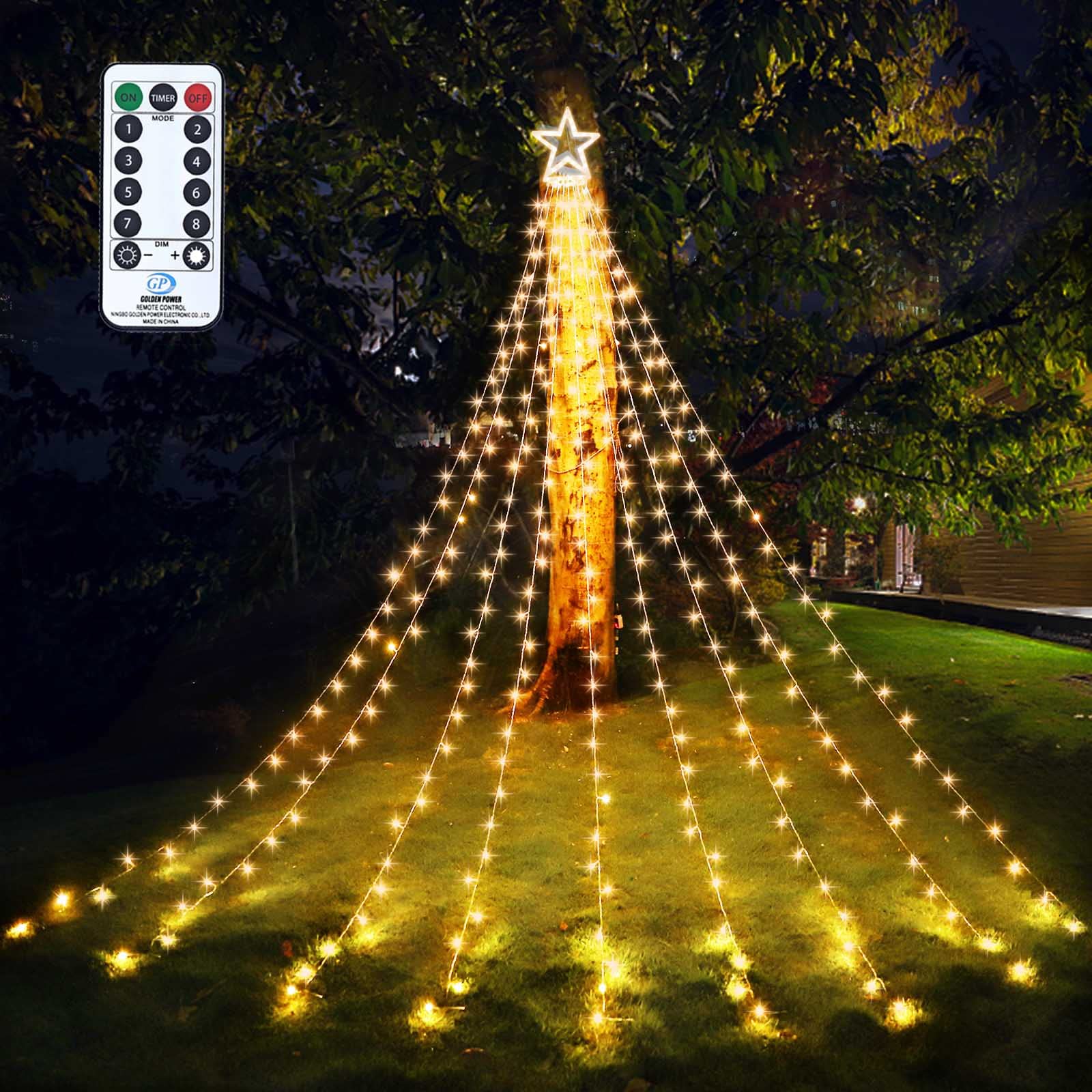 317 LED Outdoor Christmas Star String Lights - 8 Modes Waterfall Tree Lights with Topper Star for Indoor/Outdoor Holiday Decor (Warm White) | Perfect for Yard, Party, Home & Christmas Tree Decoration
