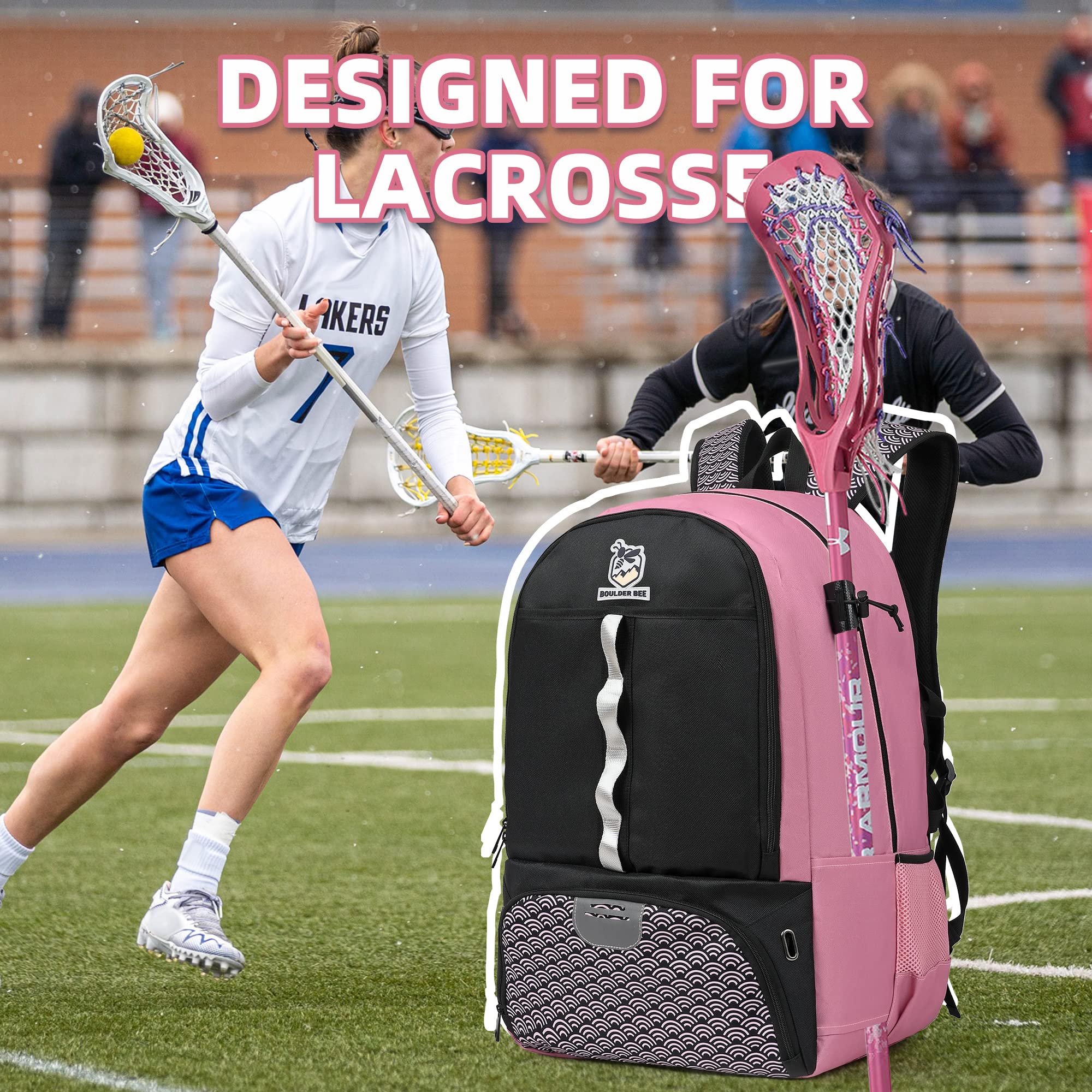 Boulder Bee Lacrosse Backpack with Stick Holders - Durable Field Hockey Bag for Women & Girls - Perfect for Training, Games & Travel | Sports Equipment Gift Idea