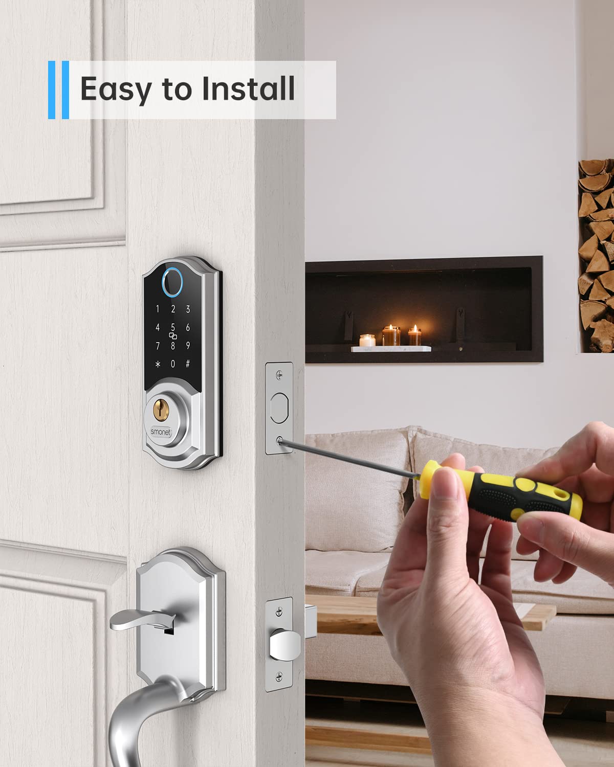 SMONET 8-in-1 Smart Deadbolt Keyless Entry Fingerprint Door Lock - Bluetooth Digital Front Door Lock with App Control & Passcode for Home Security | Perfect for Smart Homes, Apartments & Vacation Rentals