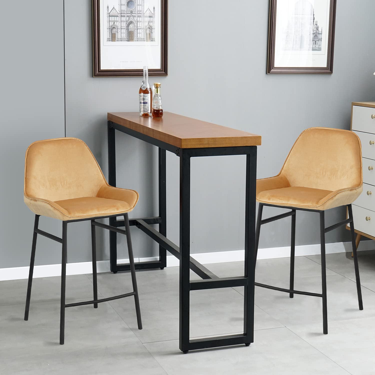 Modern Velvet Counter Height Bar Stools Set of 2 with Backrest & Footrest - Armless Upholstered Barstools for Kitchen Island, Breakfast Bar & Dining Table - Comfortable Seating for Home, Cafe & Restaurant (C-Yellow)