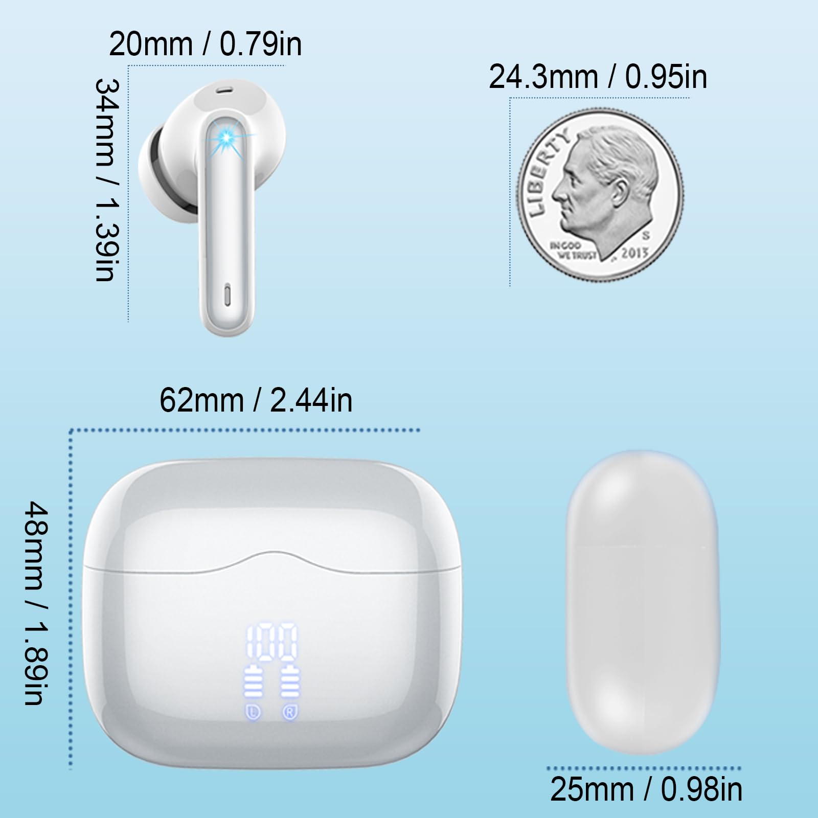 Wireless Earbuds Bluetooth 5.3 with ENC Noise Cancelling Mic, IPX7 Waterproof in-Ear Headphones, 40H Playtime, Ultra Light & Comfortable for Running, Workout, Travel - Silver