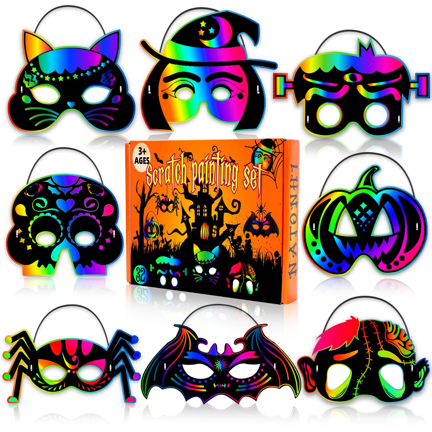 32Pcs Halloween Scratch Art Kit for Kids - Rainbow Scratch Masks, DIY Halloween Crafts, Classroom Party Supplies & Games | Perfect for Halloween Parties, Classroom Activities & Creative Fun