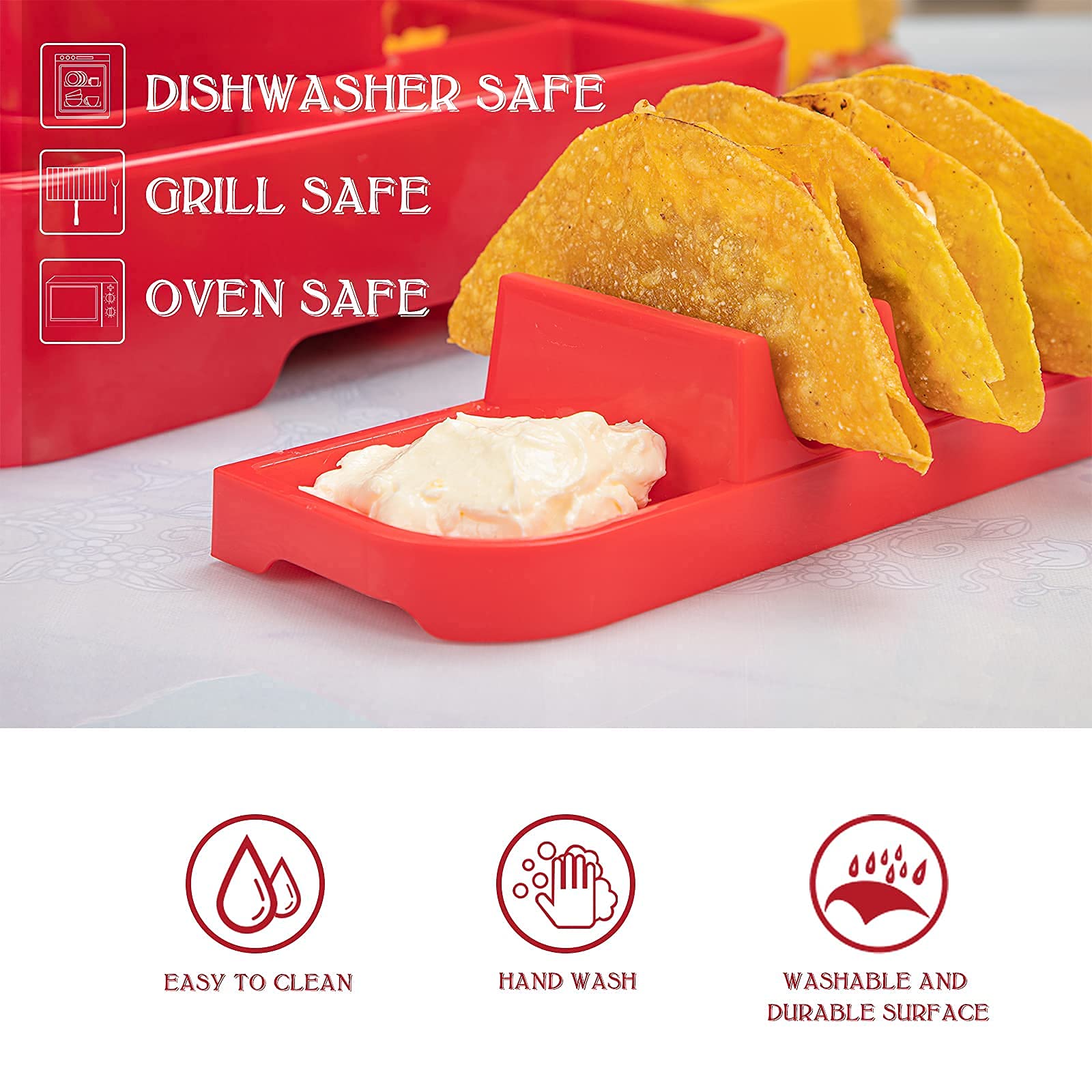 4-Pack Taco Holders with Dividers - Stand for 3 Tacos Each - Oven & Dishwasher Safe Taco Rack - Perfect for Taco Tuesday Parties, Family Dinners & Mexican-Themed Events (Red)