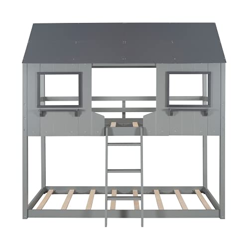 P PURLOVE Twin Over Twin Wooden Bunk Bed with Roof, 2 Windows & Safety Guardrail - Space-Saving Kids Bedroom Furniture for Small Rooms, Dormitories & Vacation Homes