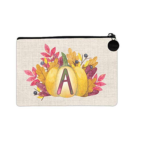 BRGiftShop Watercolor Thanksgiving Fall Autumn Pumpkin Monogram Letter A Small Linen Coin Purse Bag with Zipper - Perfect for Holiday Gifts, Party Favors & Everyday Essentials