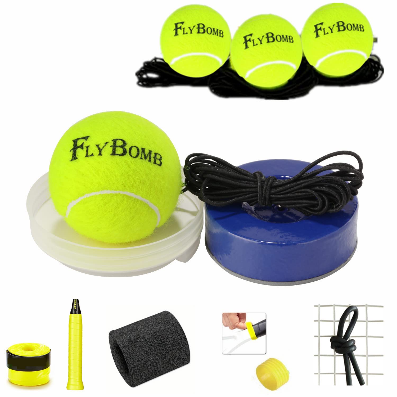 Flybomb Portable Tennis Trainer – 2.05LB Weighted Iron Base for Tennis Practice, Self-Training & Exercise | Includes 3 Rebound Balls, Wristband, Overgrip, Dampener & Ring | Perfect for Backyard Drills, Solo Practice & Fitness Training