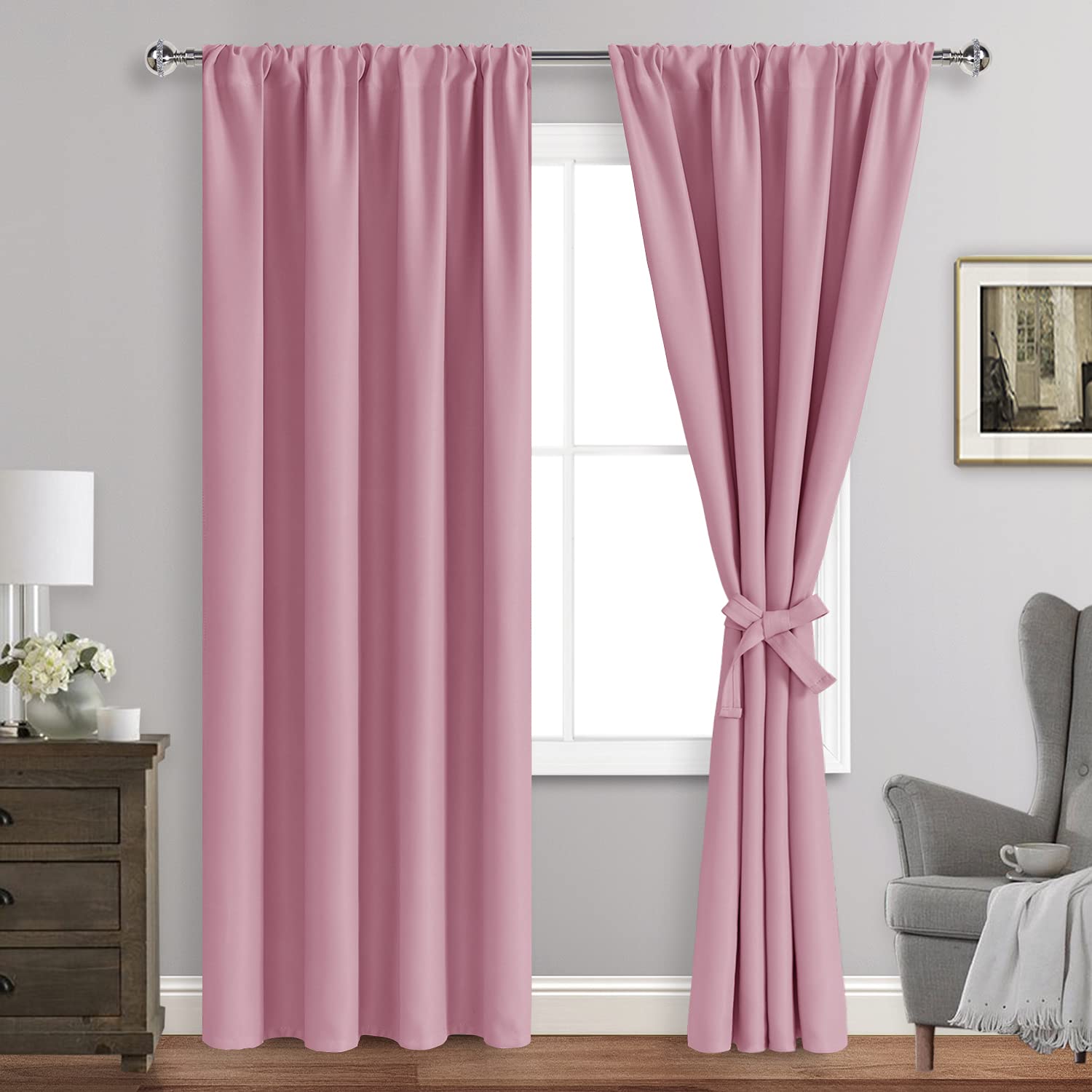 Blackout Curtains for Bedroom & Living Room - Thermal Insulated Room Darkening Rod Pocket Curtains Set of 2 Panels (42x84 Inch, Pink) with Tiebacks - Perfect for Home Theater, Nursery & Light Sleepers