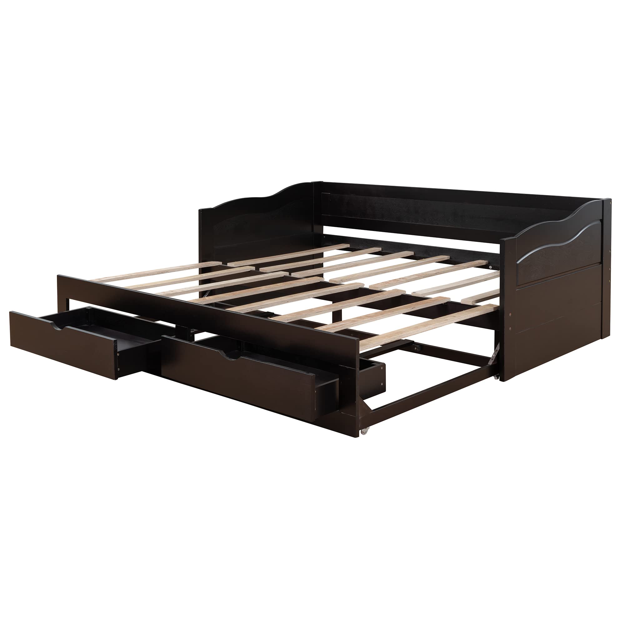 Extendable Twin Daybed with Trundle and Storage Drawers - Wooden Sofa Bed Frame, No Box Spring Required, Espresso Finish - Perfect for Guest Rooms, Small Spaces & Multi-Functional Living Areas