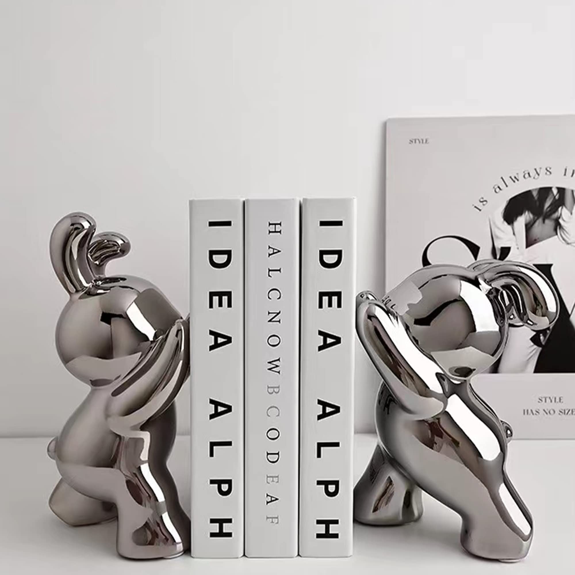 2 Pcs Silver-Plated Ceramic Bunny Bookends - Heavy Duty Animal Figurine Shelf Organizer for Books, Movies, CDs & Video Games - Cute Rabbit Home Decor for Nursery, Kids Room & Office Desks