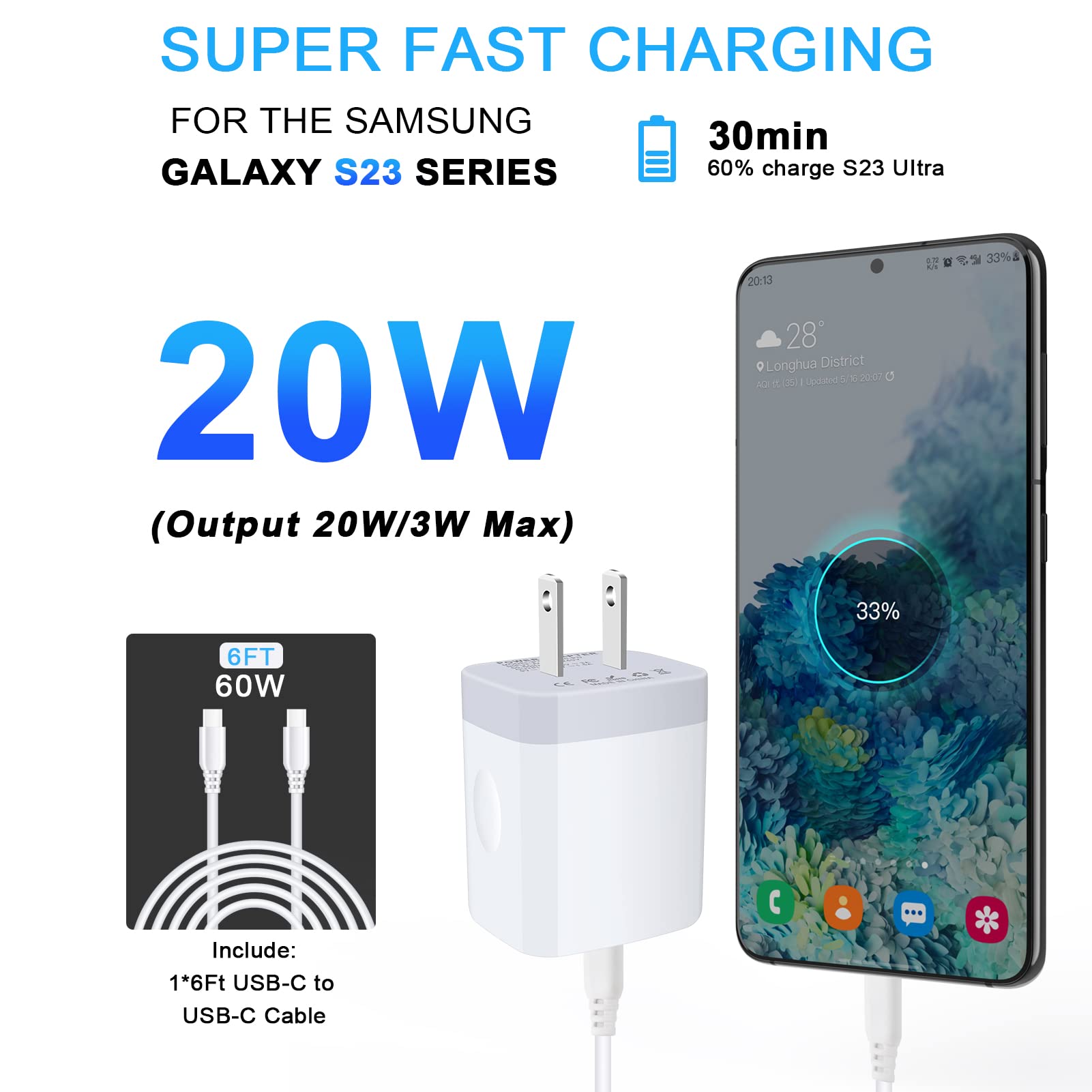 20W USB C Fast Charger for Samsung Galaxy S25 Ultra/S25 Plus/A16 5G/A14 5G/A15/A25/A13/A54/A24/S24 FE/S23/A03s/A53/A23/S22/S21/S20 - 6ft Type C to C Charging Cable & Wall Adapter - Perfect for Home, Office & Travel Charging
