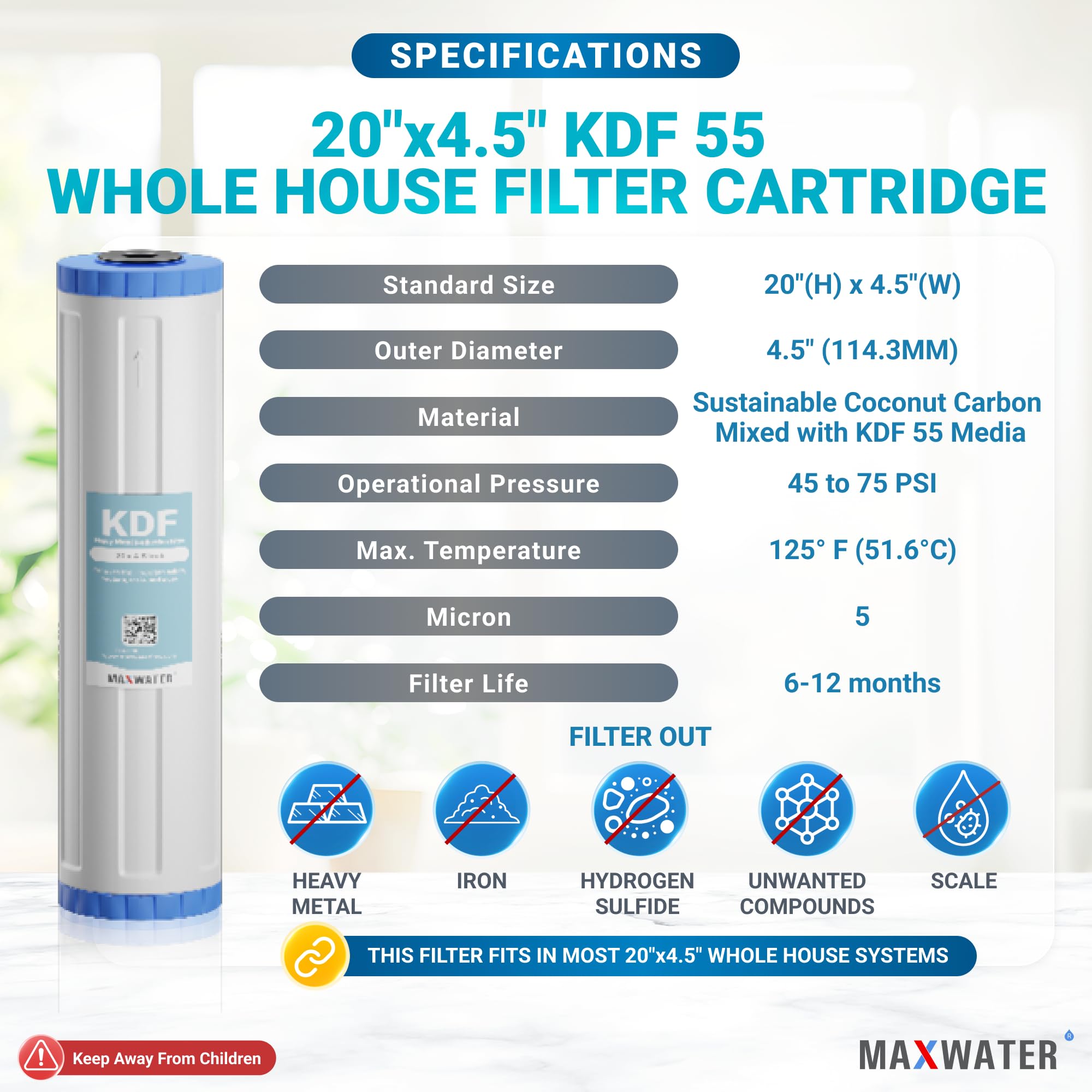 Max Water 20-Inch Heavy Metal Water Filter Cartridge - KDF 55 & GAC Carbon Filter (20