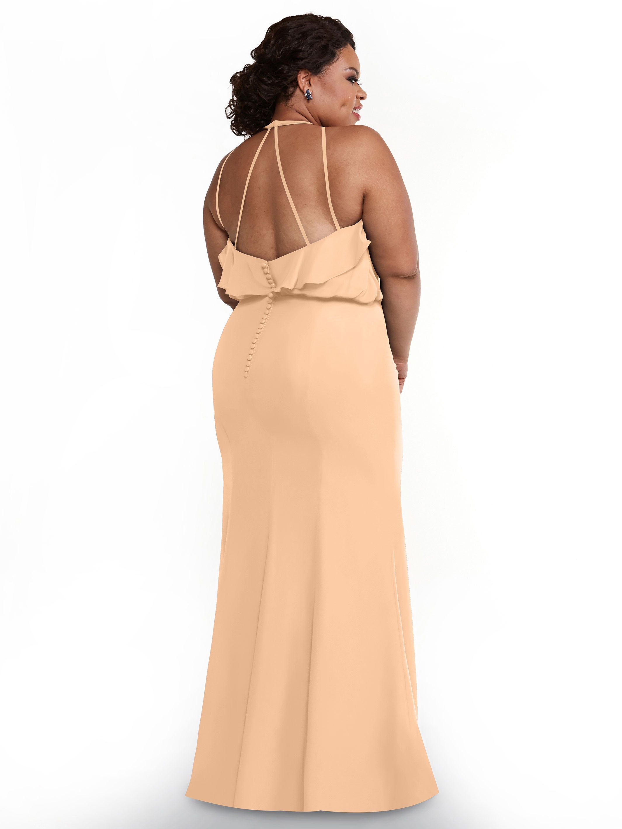 Elegant 80147 Fit and Flare Chiffon Bridesmaid Dress with Ruffled Neckline & Thigh Slit - Perfect for Weddings, Proms, and Formal Events