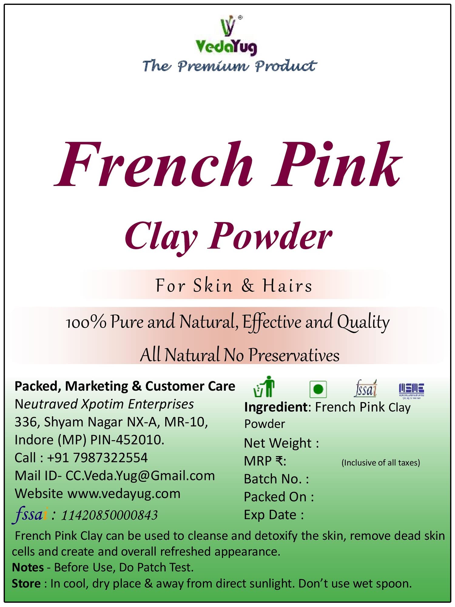 VY VedaYug 100% Natural French Pink Clay Powder (100g) | Montmorillonite Pink Clay & French Rose Clay for Face Masks | Deep Cleansing & Skin Detox | Perfect for Acne-Prone, Sensitive & Dry Skin Care Routine