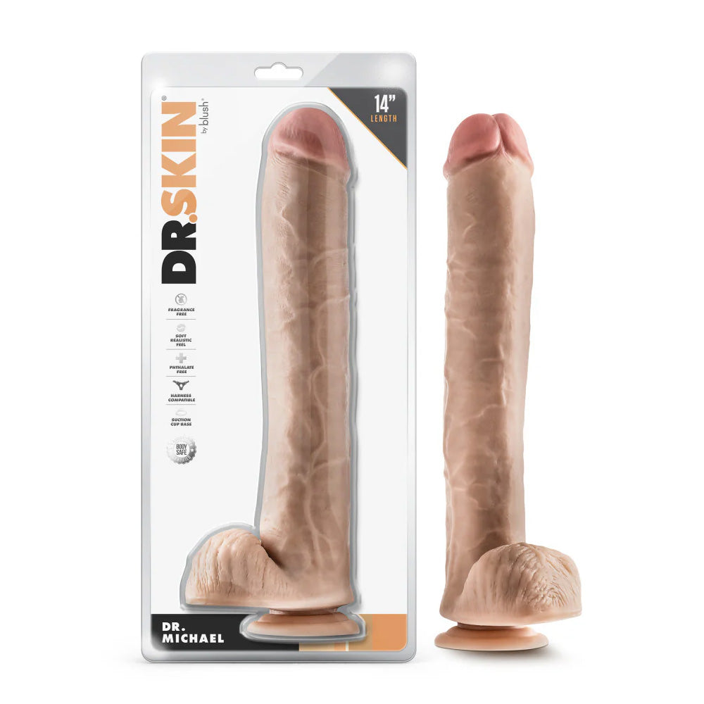 Realistic 14 Inch Dildo with Balls & Suction Cup - Dr. Michael Skin Safe Silicone - Perfect for Solo Play, Couples Fun & BDSM Scenes