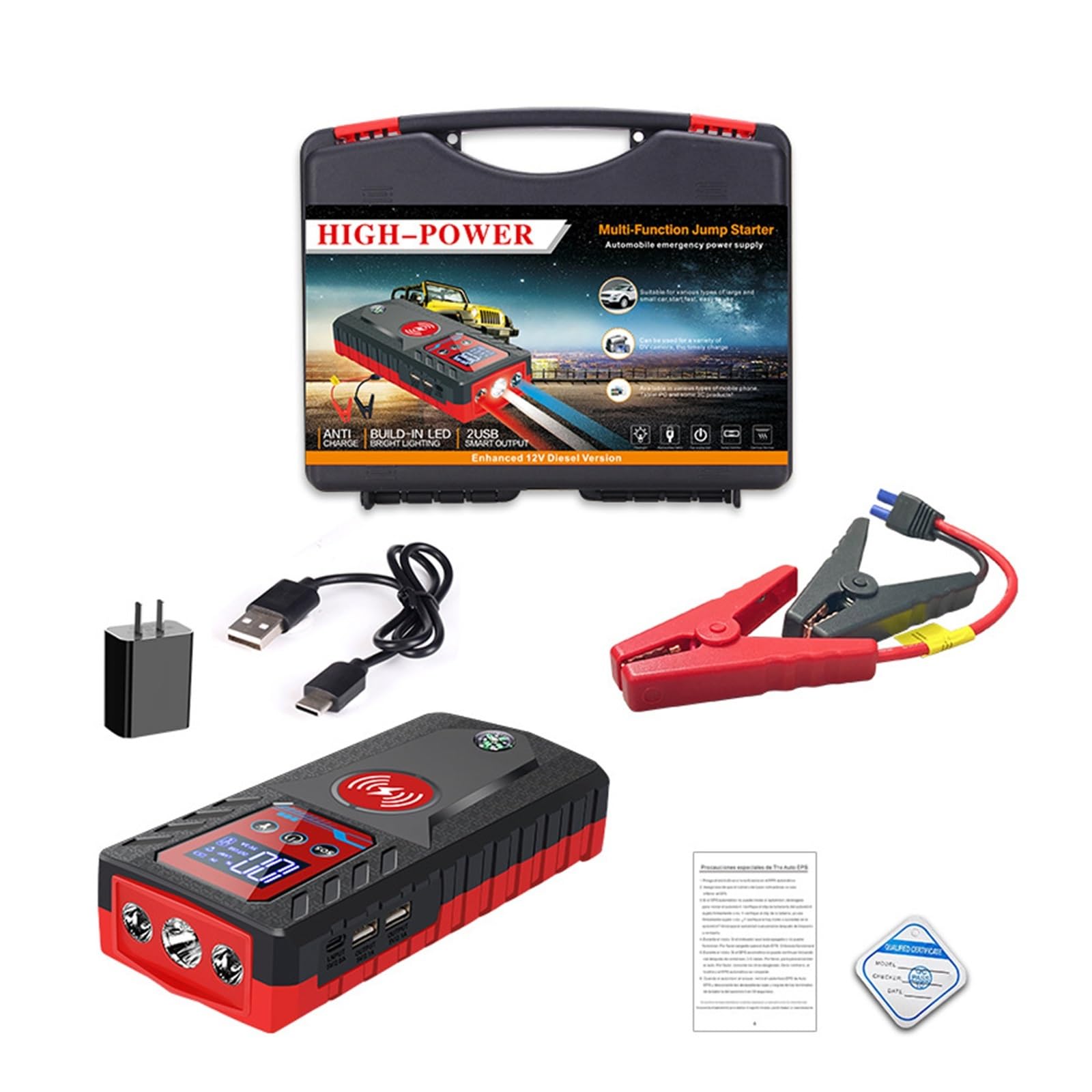 Portable Car Jump Starter with Wireless Power Bank - 99800mAh Emergency Battery Booster, Phone Charger & Compass - Perfect for Roadside Emergencies and Outdoor Adventures