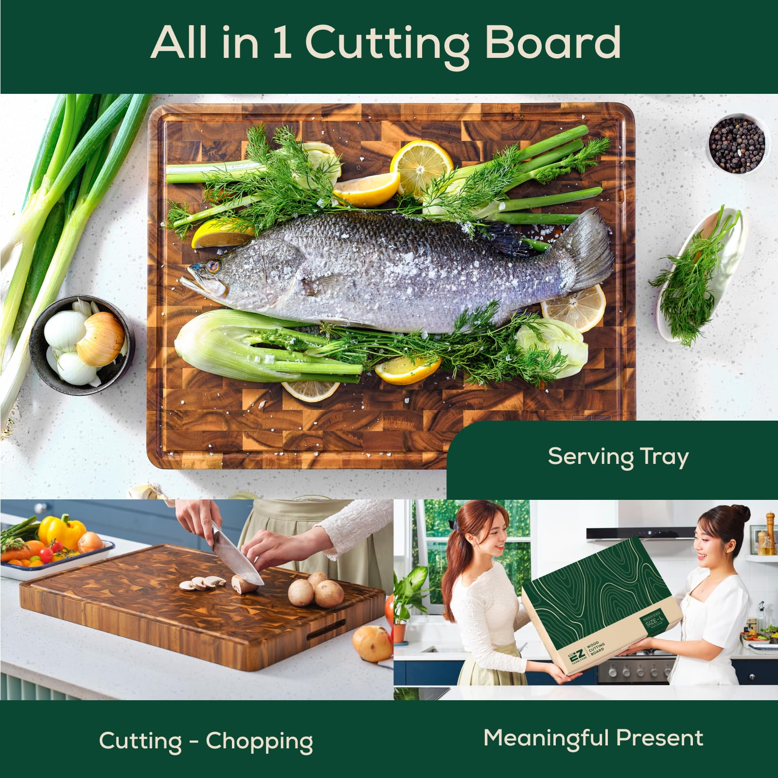 24 x 18 Inch Extra Large Acacia Wood Cutting Board - End Grain with Juice Groove & Handles | Knife Friendly Reversible Chopping Board for Meat, Vegetables & Fruits | Perfect for Kitchen Prep, Butcher Block & Charcuterie Board