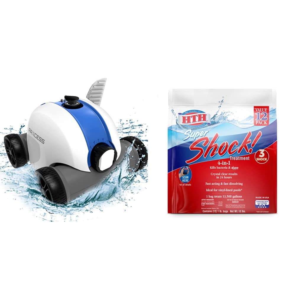 Paxcess Cordless Robotic Pool Cleaner - Automatic Swimming Pool Vacuum Cleaner Robot & HTH 52026 Super Shock Treatment Pool Chlorine Cleaner (1 lb, Pack of 12) for In-Ground and Above Ground Pools - Perfect for Backyard, Vacation Homes, and Commercial Pools