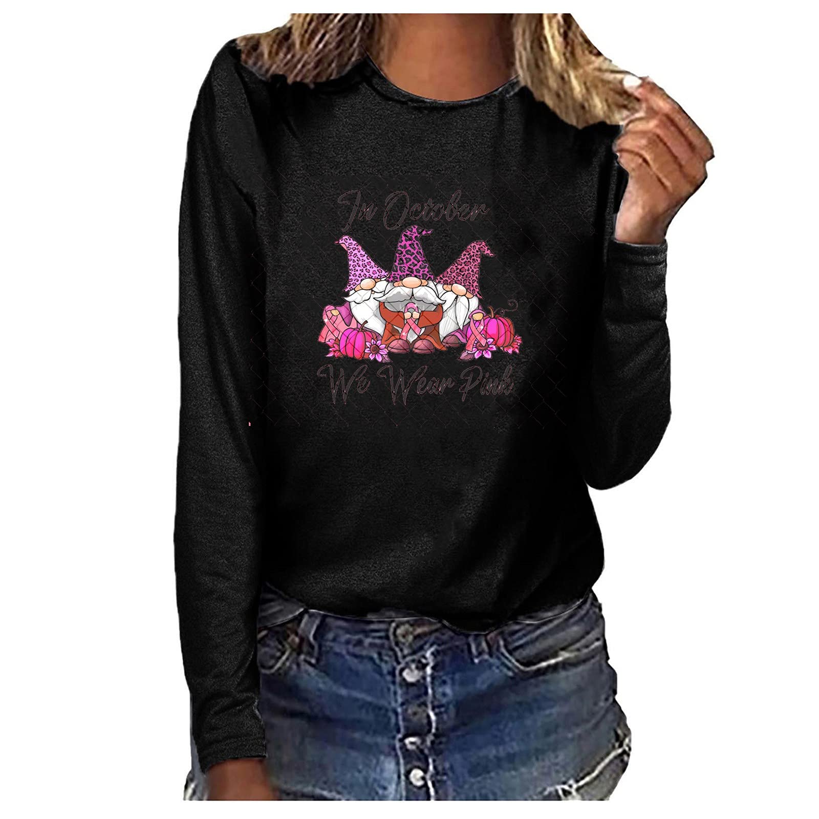 Pink Ribbon Breast Cancer Awareness T-Shirt for Women - Cute Gnome & Pumpkins Graphic Long Sleeve Top | October Awareness Month, Fundraiser Events, Casual Wear
