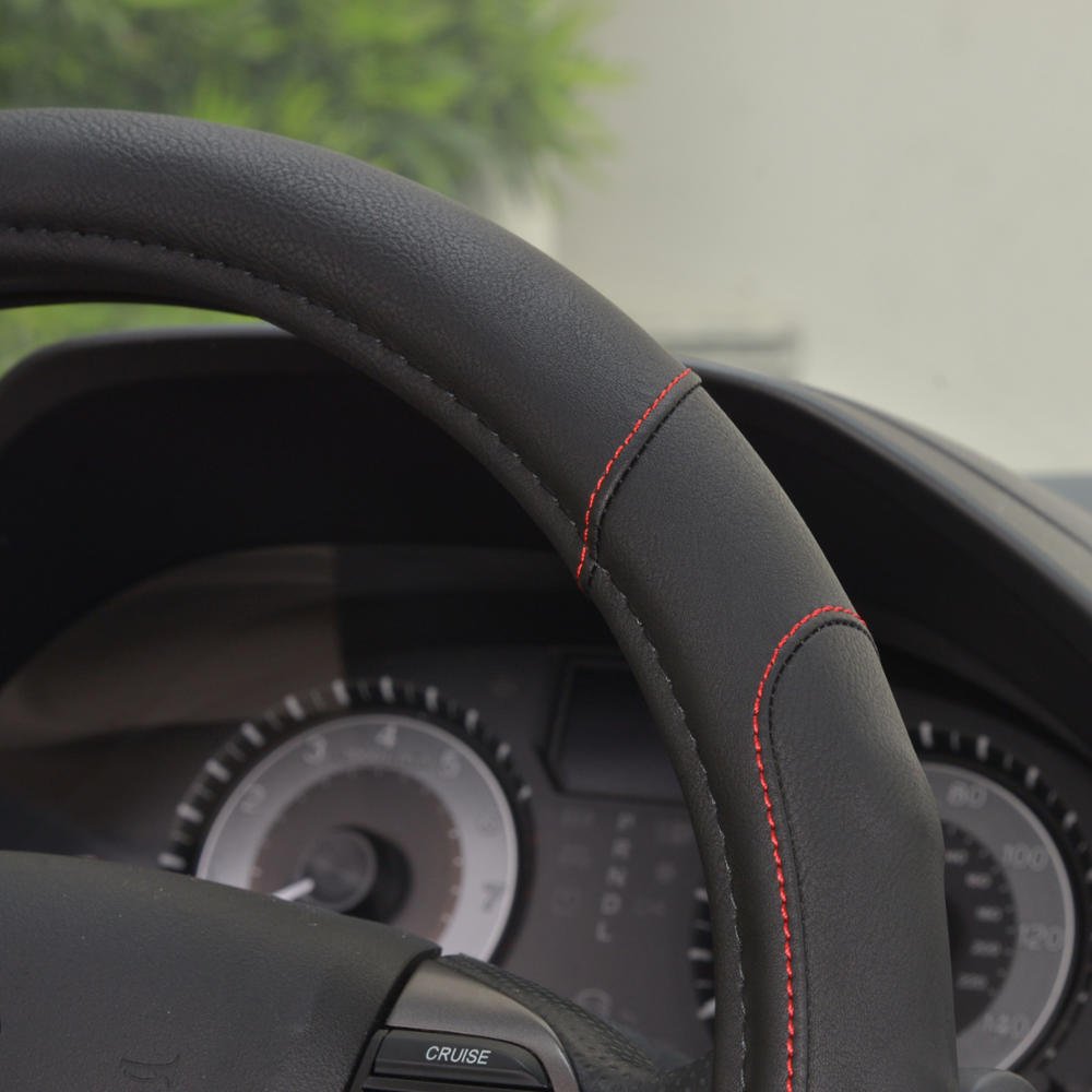 Waterproof Car Seat Covers & GripDrive Synthetic Leather Steering Wheel Cover Set - Black & Red (Basic Pack) | Universal Fit for Cars, SUVs & Trucks | Protects Seats from Spills, Pets & Wear