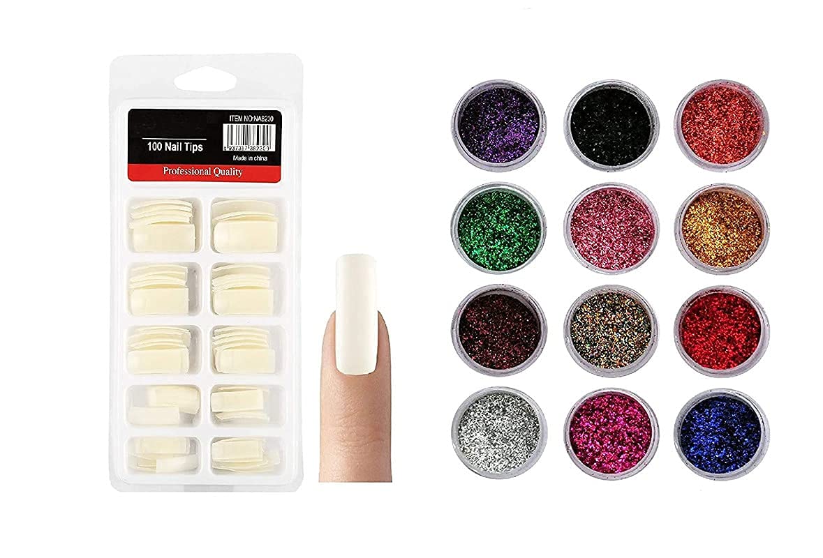Long Square False Nails - 100pcs Natural Fake Nail Tips in 10 Sizes for DIY Nail Art & Salon Use | Includes 12pc Multicolor Glitter Powder Set | Perfect for Home Manicures, Parties & Special Occasions