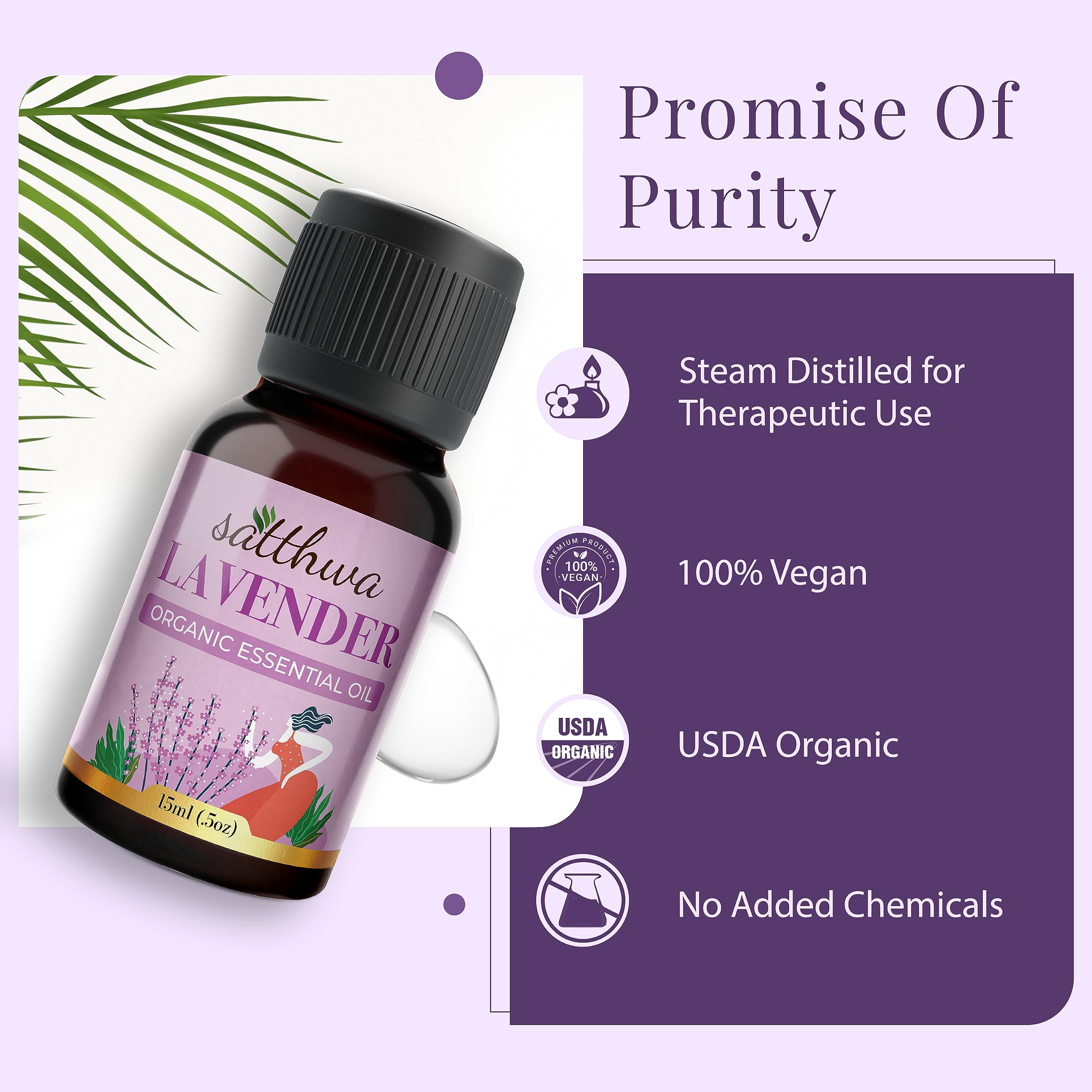 **Satthwa Organic Lavender Essential Oil - 100% Pure Therapeutic Grade - 15ml Bottle - Calming Floral Aromatherapy for Relaxation, Sleep, Skin Care & Stress Relief - Perfect for Diffusers, Massage & DIY Beauty**