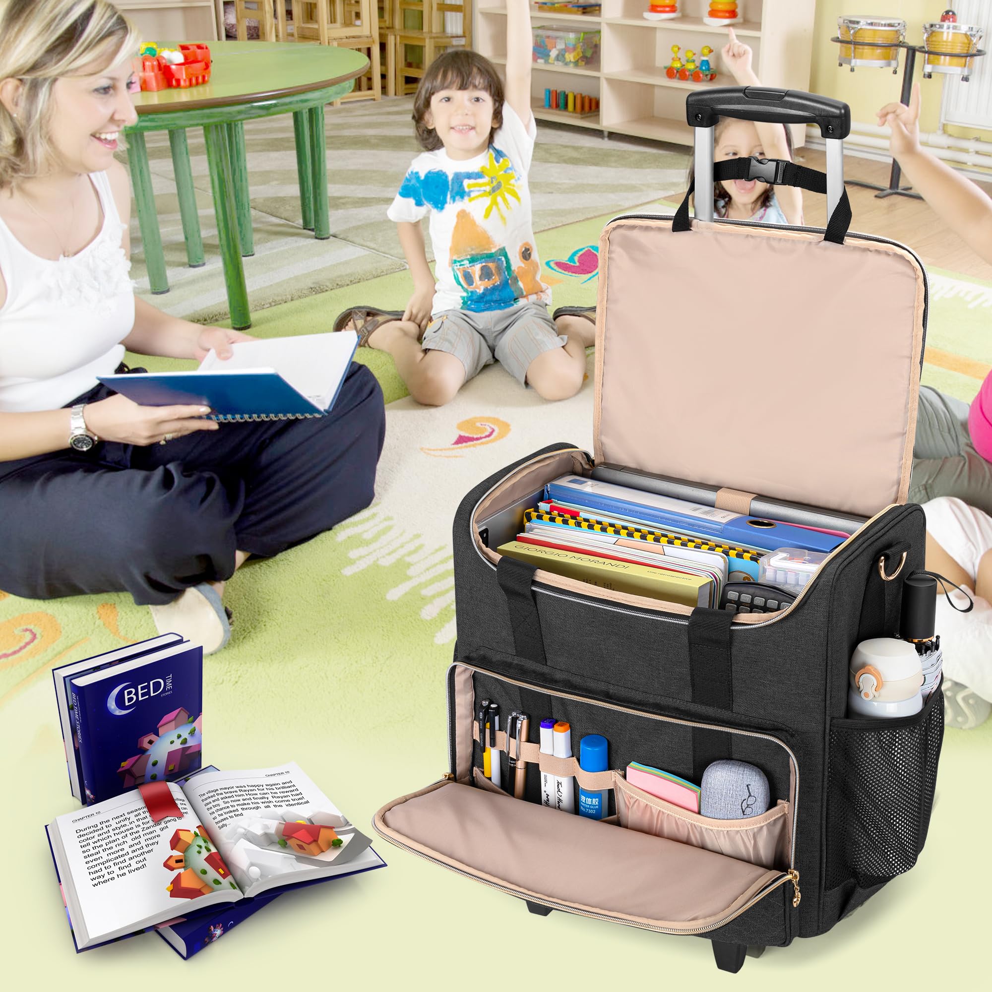 LUXJA Rolling Teacher Bag with Laptop Compartment & Detachable Wheels - Multi-Functional Tote Organizer for Educators (Black) | Perfect for School, Travel & Work Commutes