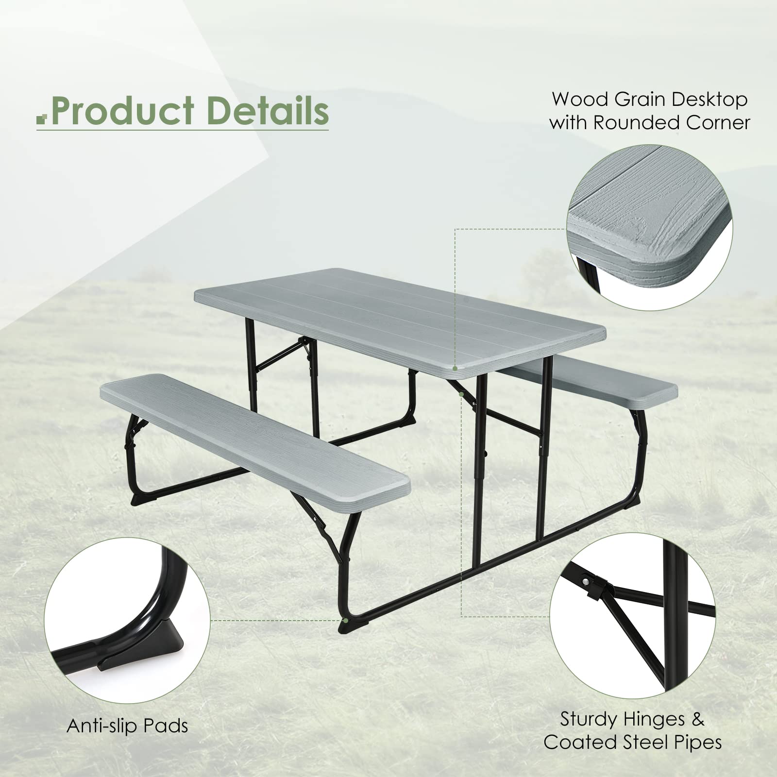 Giantex Folding Picnic Table with Benches - Outdoor Dining Set for Camping, Patio, Lawn, Garden & Poolside - Portable Weather-Resistant Metal Frame (Gray) - Perfect for BBQs, Picnics & Outdoor Gatherings
