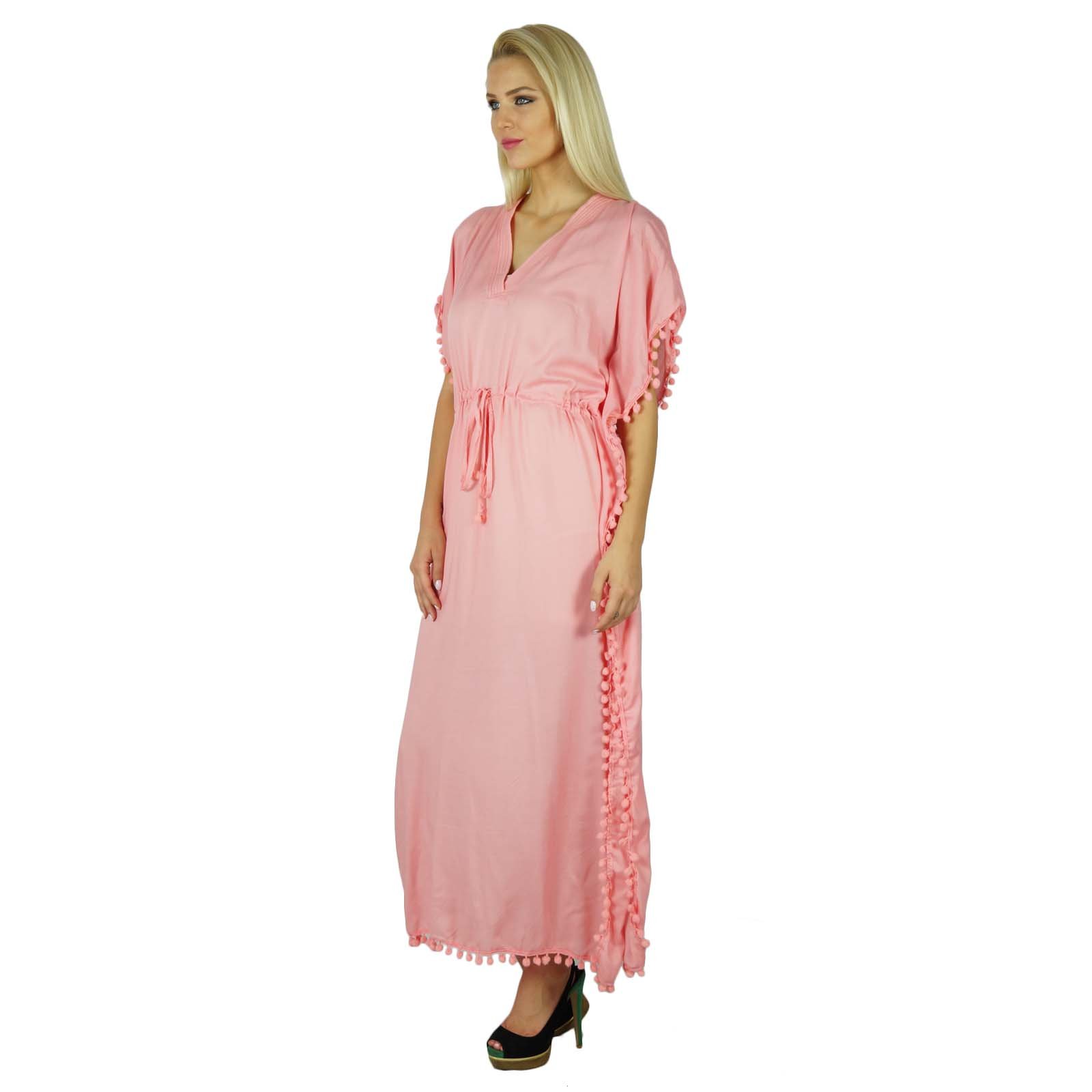 Bimba Women's Long Printed Kaftan Dress - Soft Modal Cotton Beach Cover Up, Maxi Dress for Summer, Light Pink | Perfect for Beach Vacations, Pool Parties & Boho Fashion