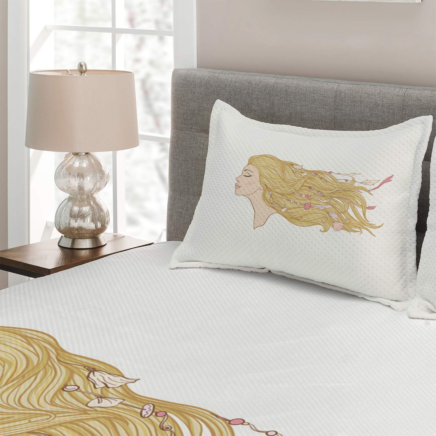 Ambesonne Bohemian 3-Piece Quilted Bedspread Set with 2 Pillow Shams - King Size Pale Peach, Brown & Pink Seashell Bead Design - Young Woman with Long Hair Hip Spring Fashion - Perfect for Bohemian Bedroom Decor, Guest Room Makeover or Coastal Themed Home