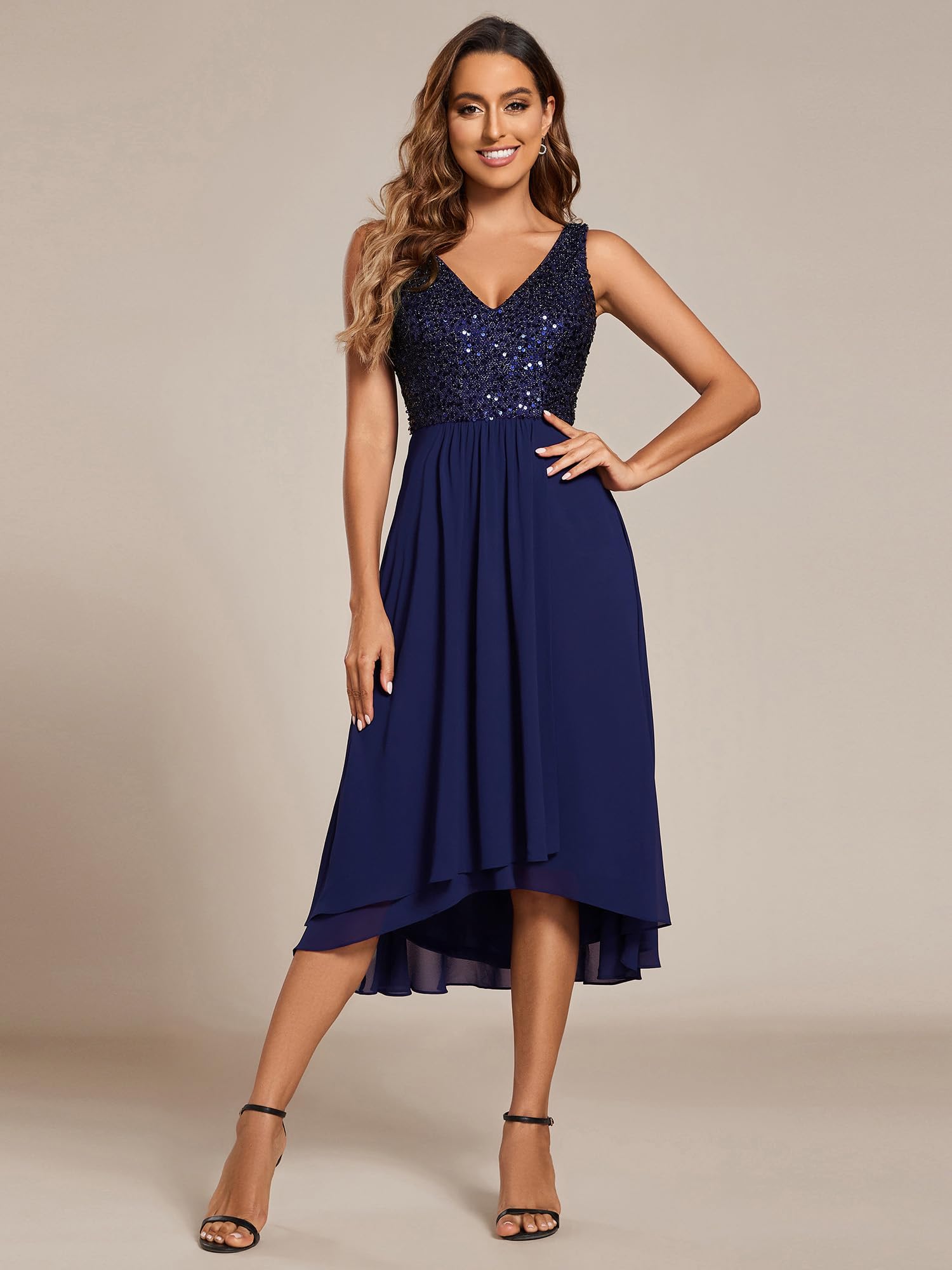 Ever-Pretty Women's Elegant Chiffon V-Neck Sleeveless Sequin High-Low Cocktail Dress | Midi Wedding Guest Dress 02184 | Perfect for Evening Parties, Bridal Showers & Formal Events
