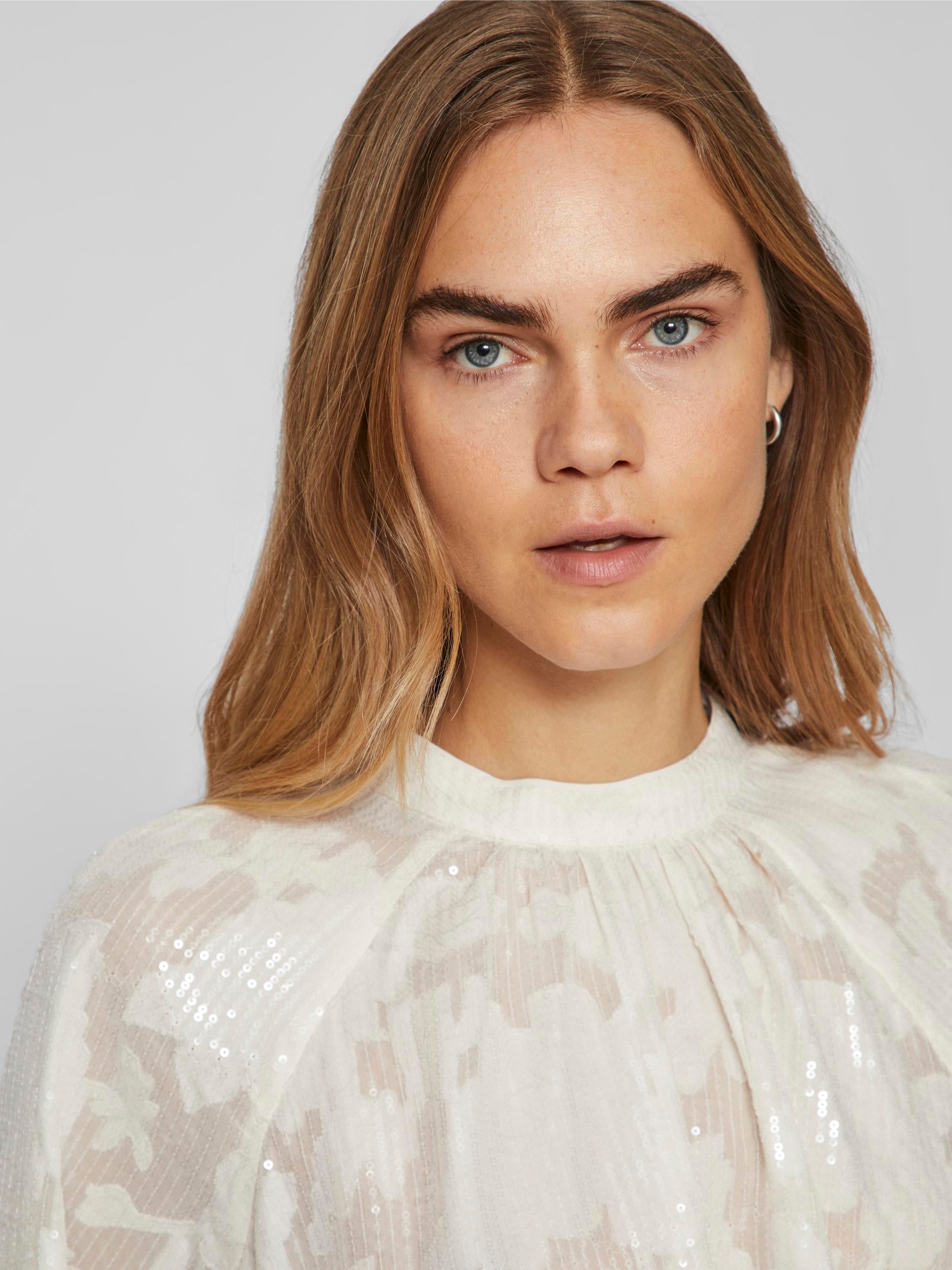 KIMA SEQUINS TOP (CLOUD DANCER) - Sparkling Sequin Blouse for Women, Party Wear, Night Out, Festival Fashion, Club Outfit, Elegant & Glamorous Shirt for Special Occasions