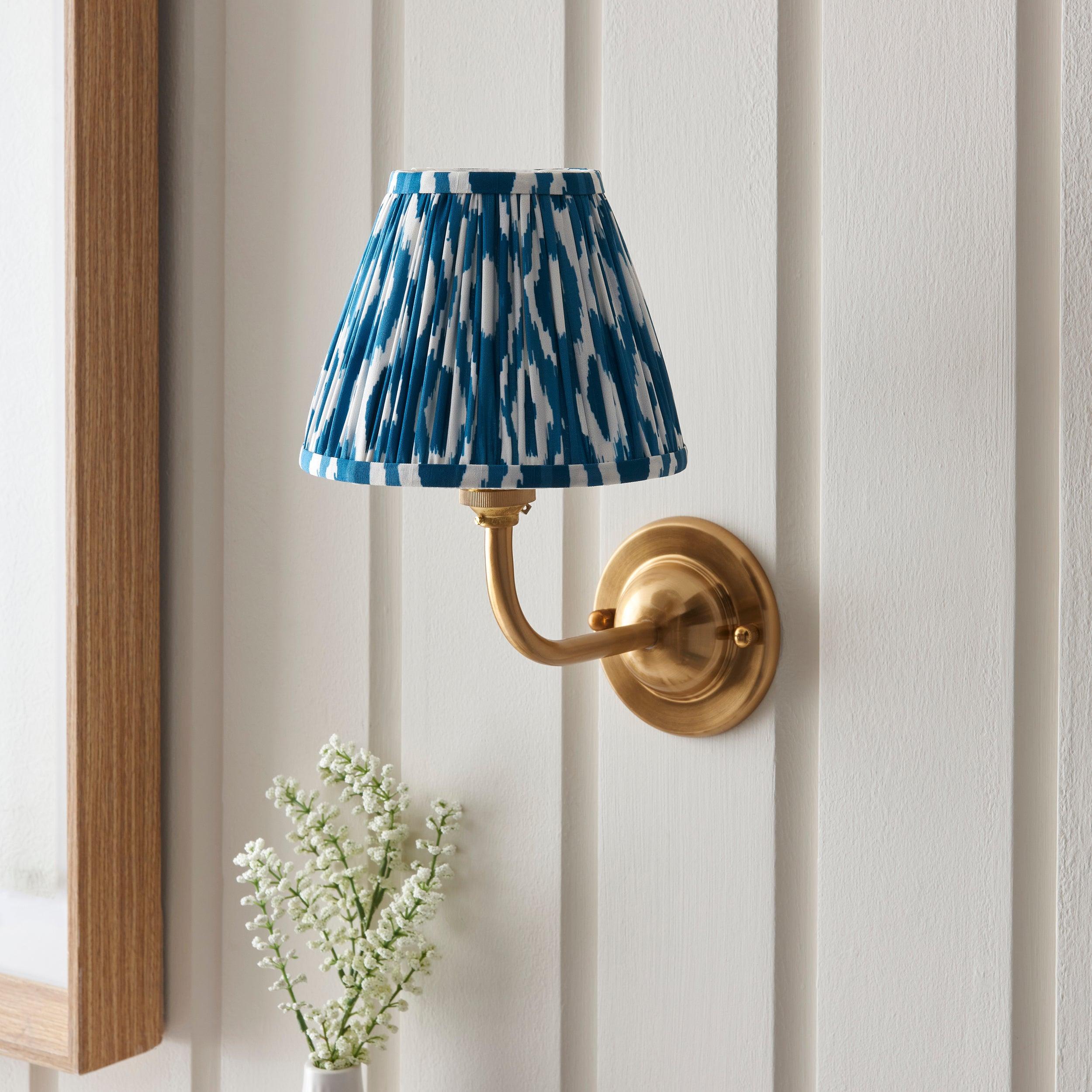 Brass Wall Light with Dome Arc Design & 16cm Ikat Marlin Blue Shade - Perfect for Bedroom, Living Room, and Hallway Lighting Decor