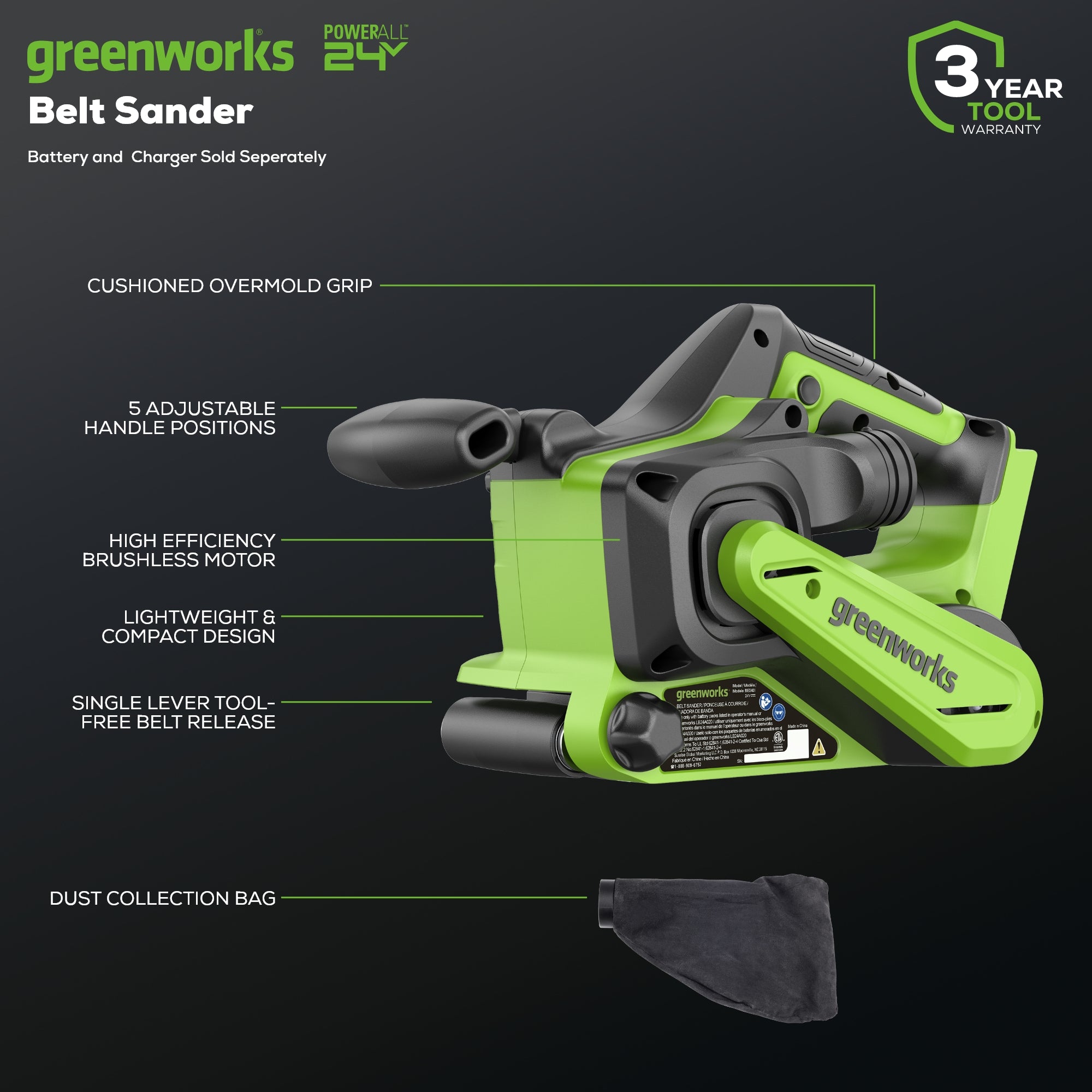24V 3x18 Inch Brushless Cordless Belt Sander with Dust Bag (Tool Only) - Perfect for Woodworking, Metal Sanding & DIY Home Projects