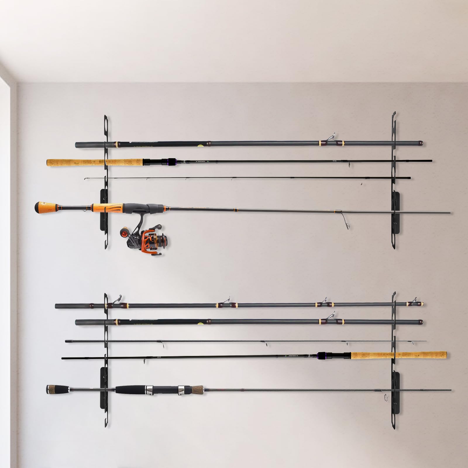 4-Set Wall Mount Fishing Rod Holder Rack - Holds 16 Rods, Horizontal Garage Storage for Fishing Gear, Ice Fishing Equipment - Perfect Gift for Anglers & Men (Black) | Ideal for Garage Organization, Boat Storage & Fishing Enthusiasts