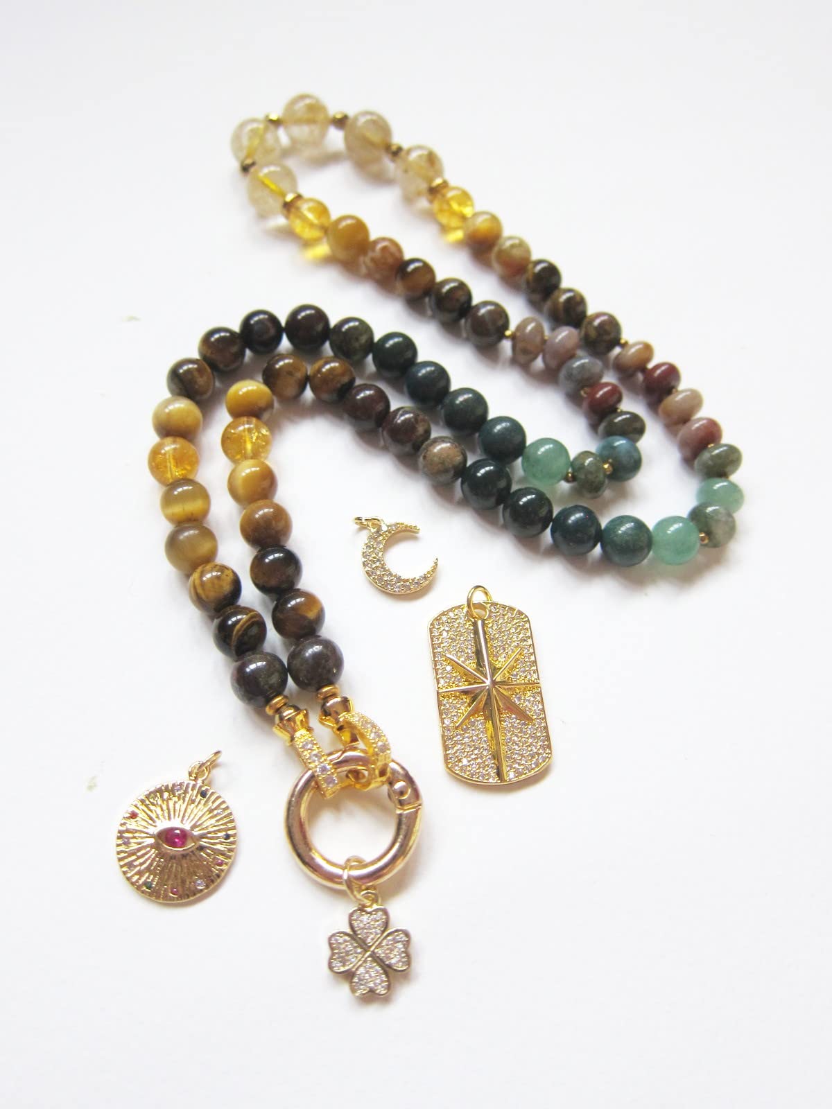 Blue Tiger Eye & Bloodstone Mala Necklace for Protection, Abundance & Good Luck | Honey Mustard & Black Obsidian Beaded Necklace | Cat's Eye & Gray Tiger Eye Spiritual Jewelry | Perfect Christmas Gift for Meditation, Yoga & Positive Energy