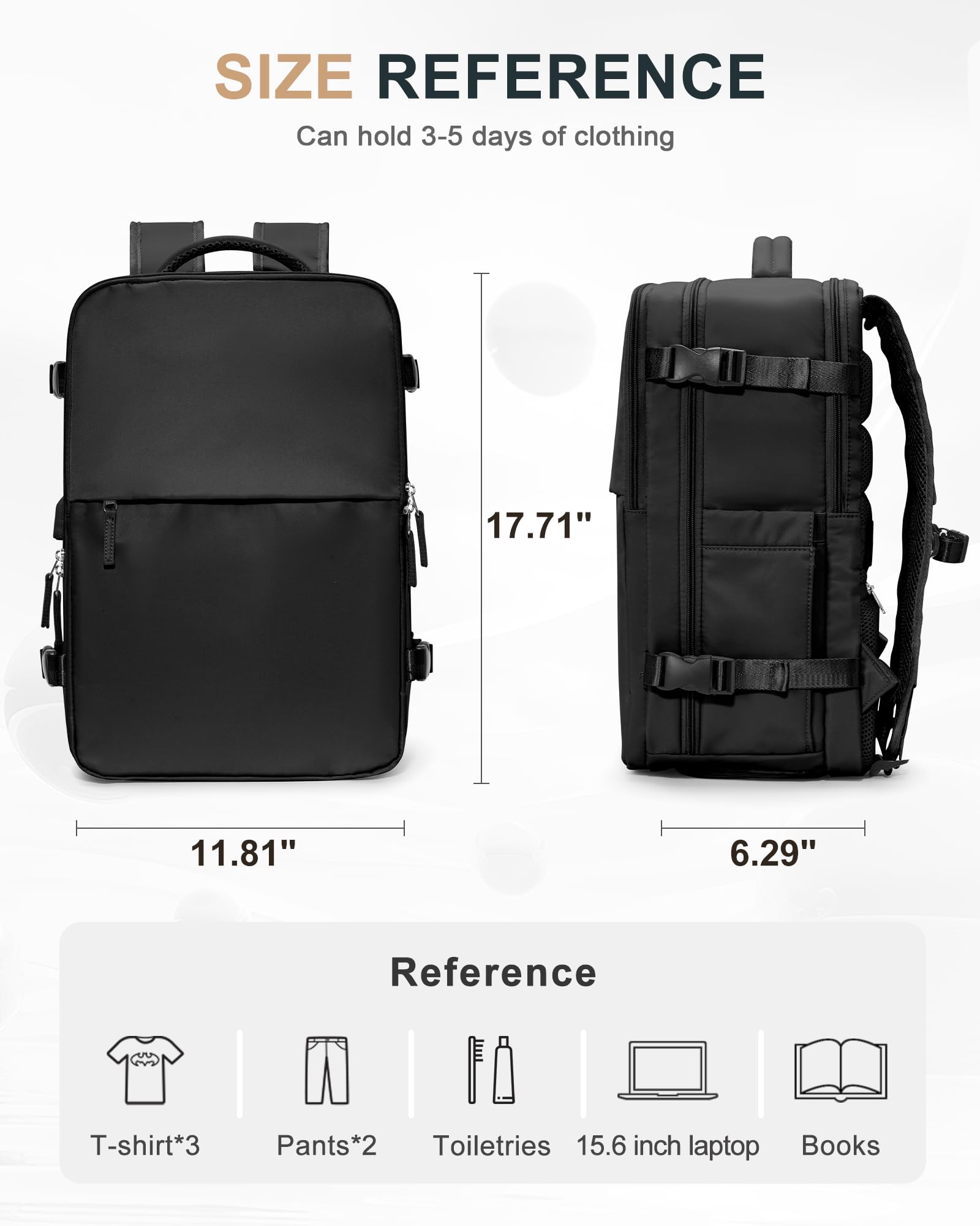 Waterproof Travel Backpack for Women & Men - Lightweight Hiking Backpack with Laptop Compartment - Airplane Approved Carry On Backpack for College, Business Trips & Outdoor Adventures (Black)